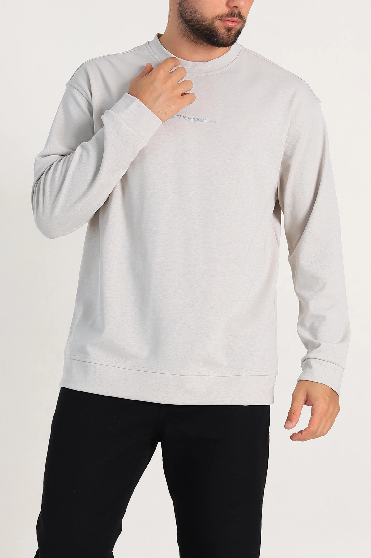Krem Relaxed Fit Jakarlı Kabartma Yazı Detay Erkek Basic Sweatshirt 305382