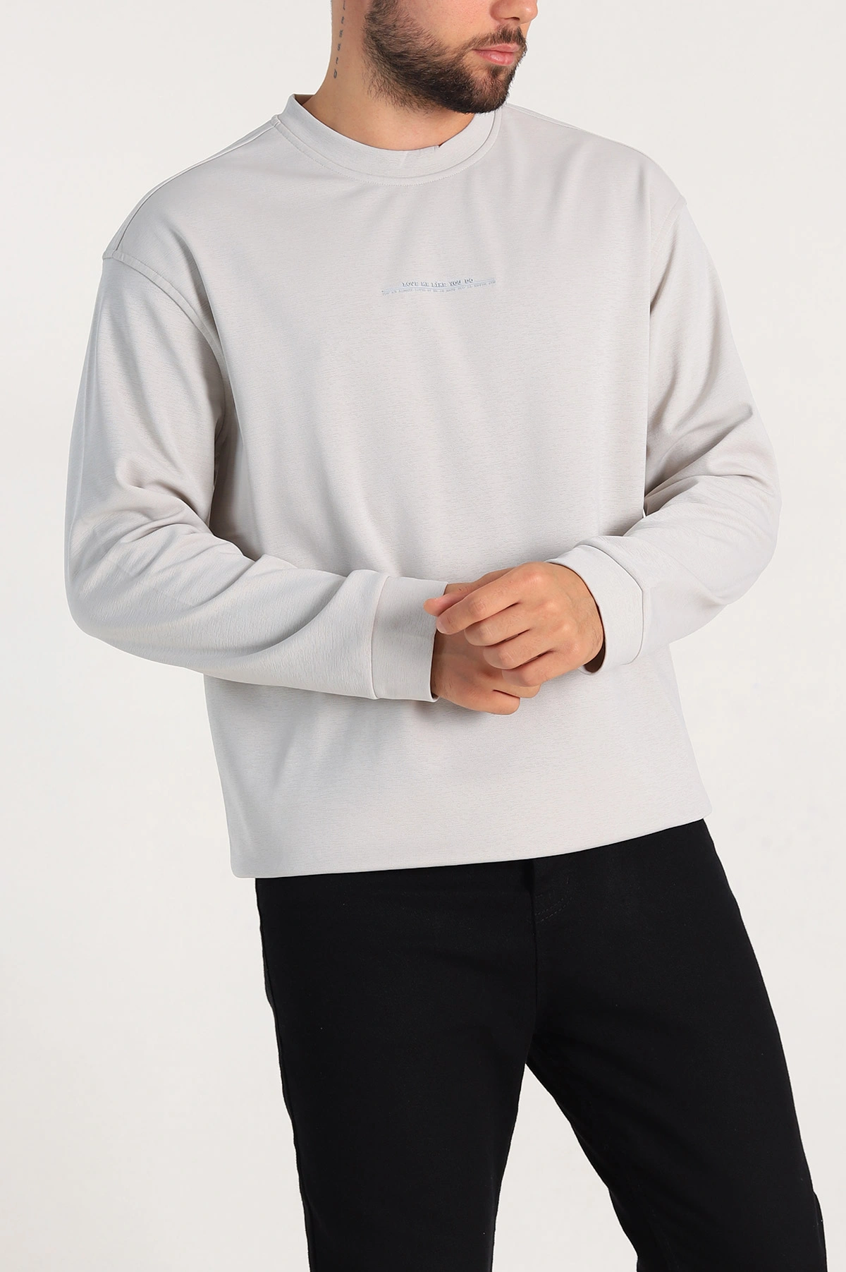 Krem Relaxed Fit Jakarlı Kabartma Yazı Detay Erkek Basic Sweatshirt 305382