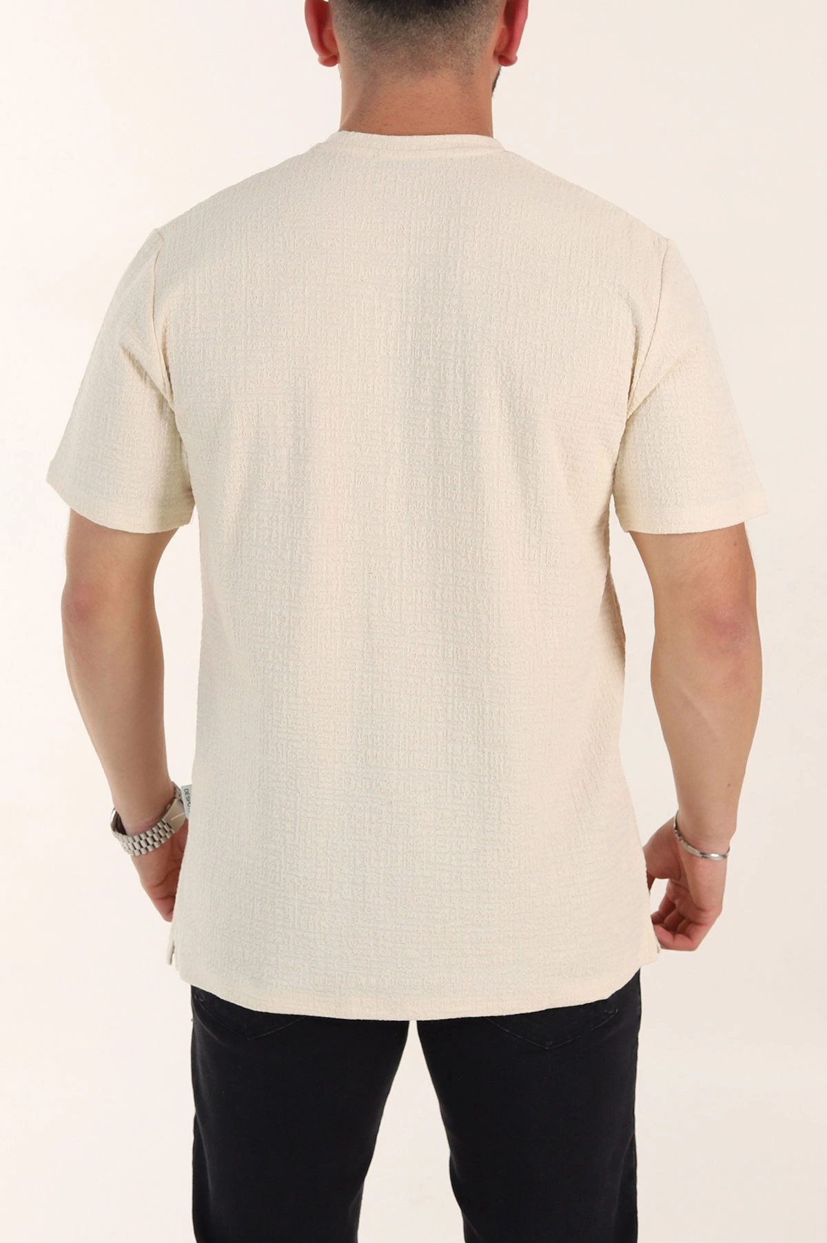 Krem Relaxed Fit Kabartma Desenli Basic Erkek Tişört 358107