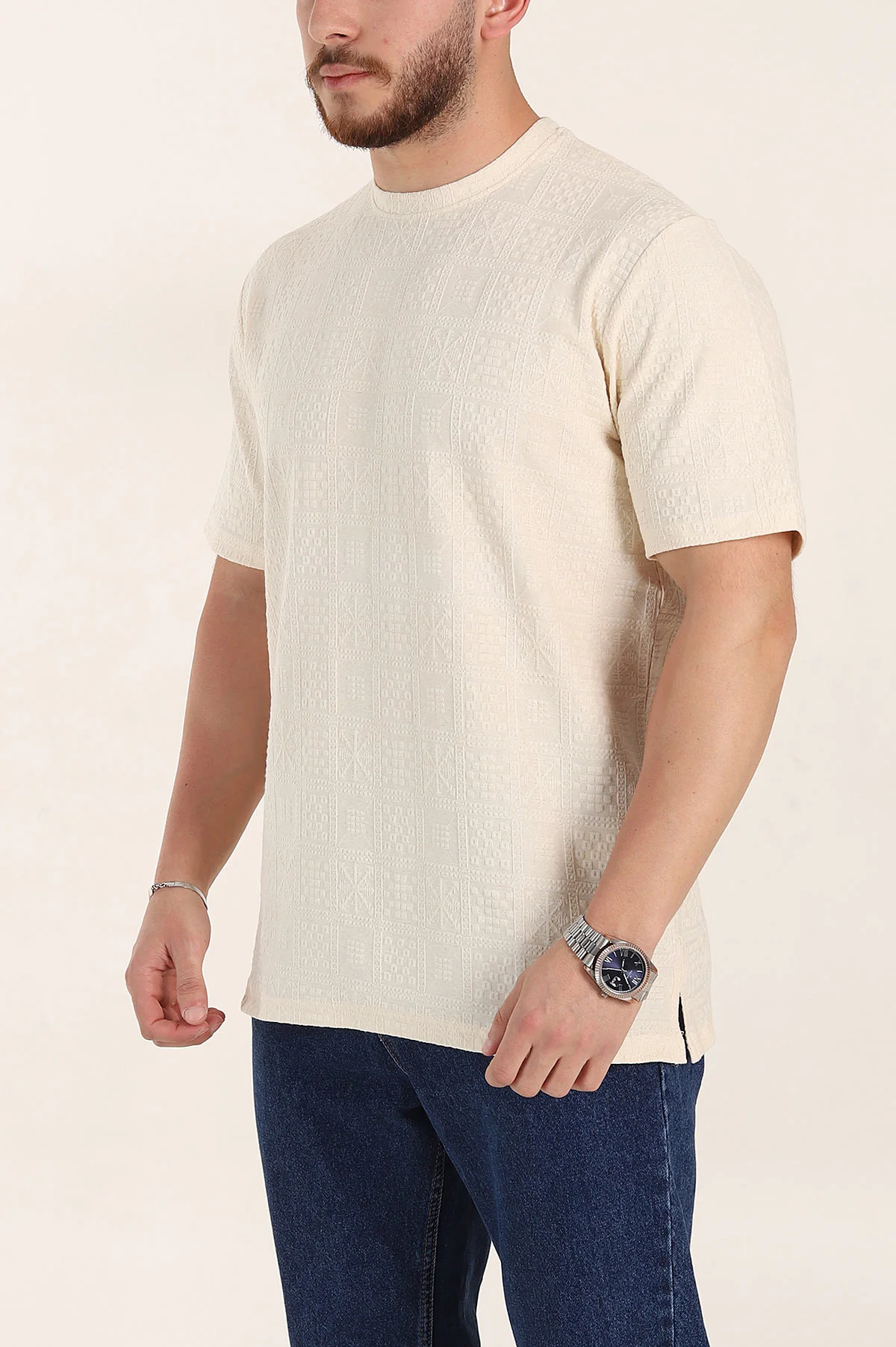Krem Relaxed Fit Kabartma Desenli Erkek Tişört 358220