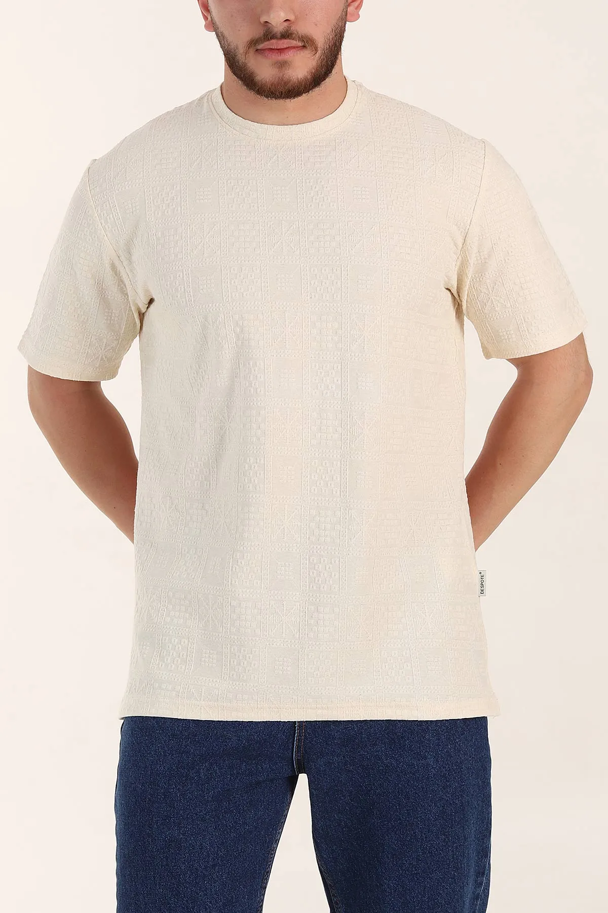 Krem Relaxed Fit Kabartma Desenli Erkek Tişört 358220