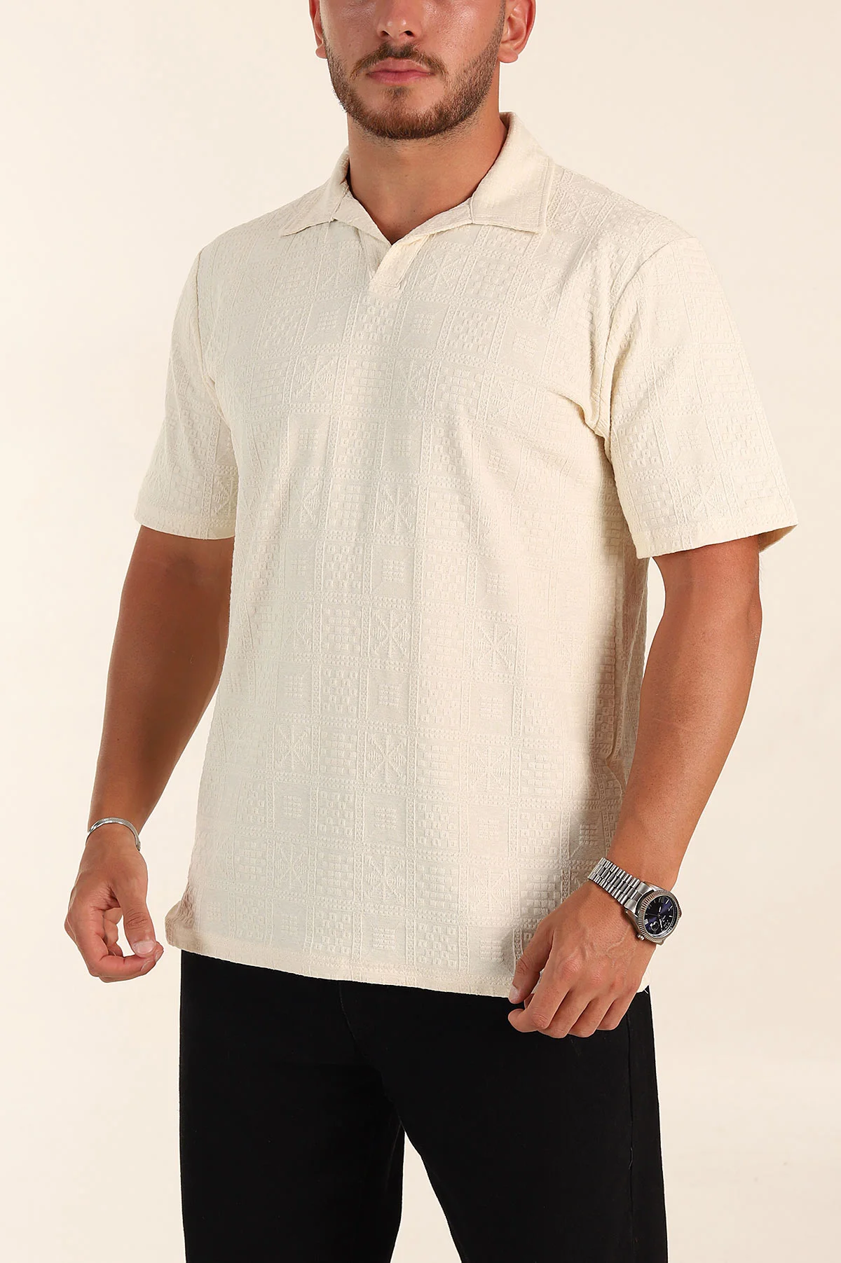 Krem Relaxed Fit Kabartma Desenli Patlı Polo Yaka Erkek Tişört 358022
