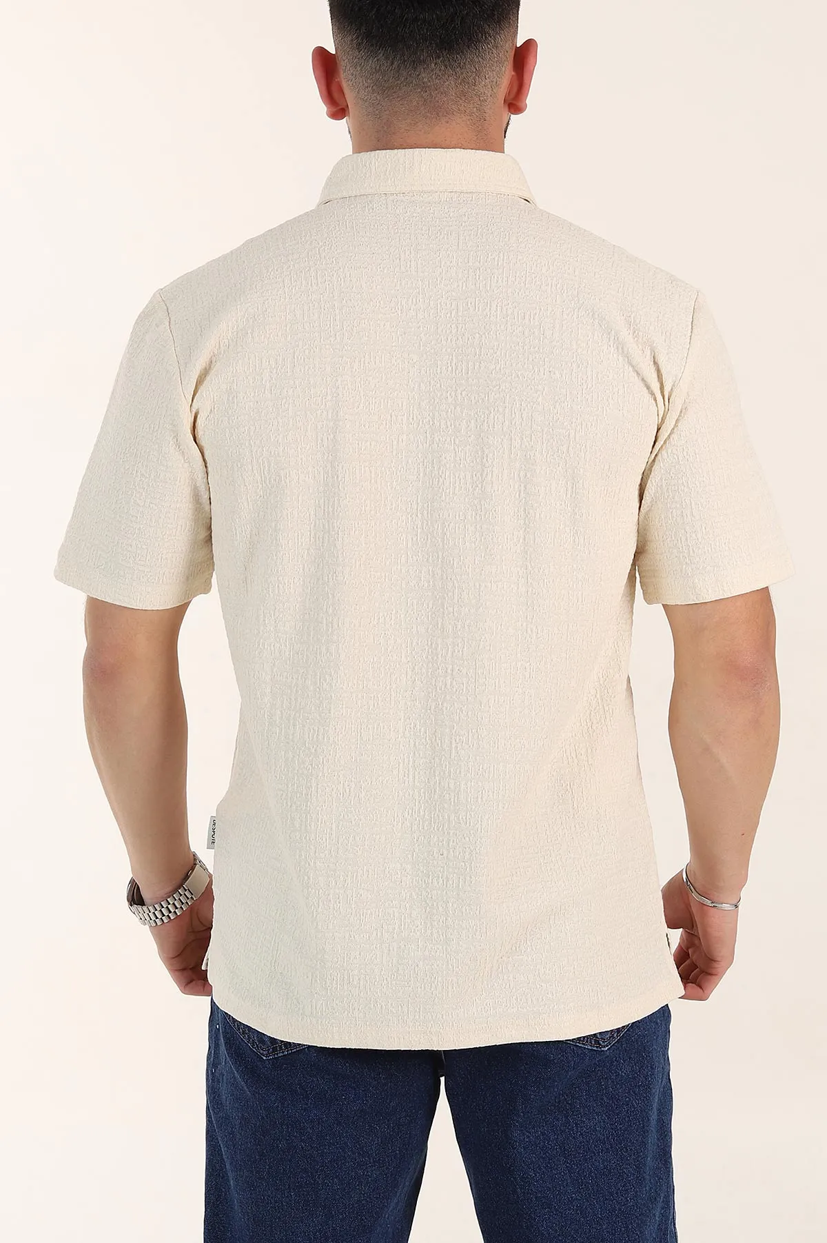 Krem Relaxed Fit Kabartma Dokulu Düğmeli Polo Yaka Erkek Tişört 358228