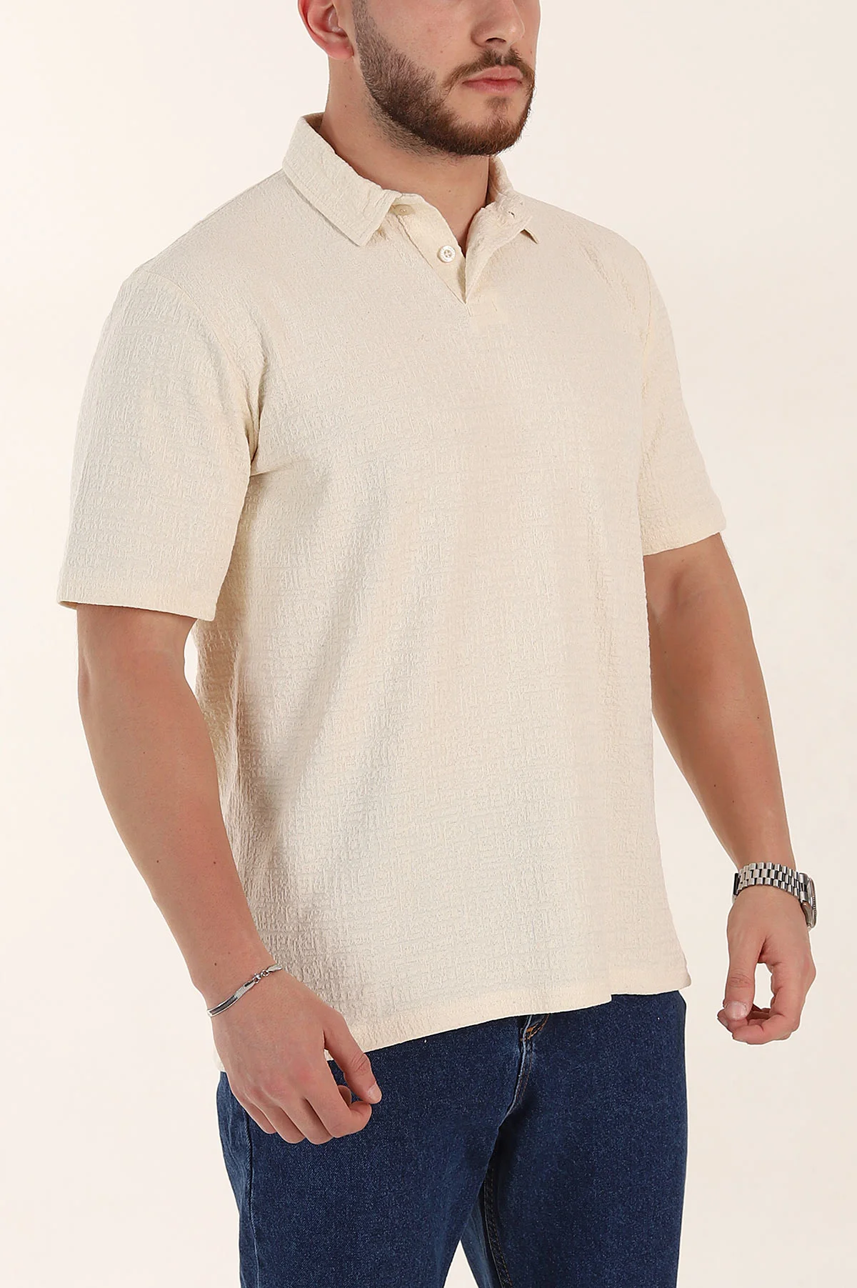 Krem Relaxed Fit Kabartma Dokulu Düğmeli Polo Yaka Erkek Tişört 358228