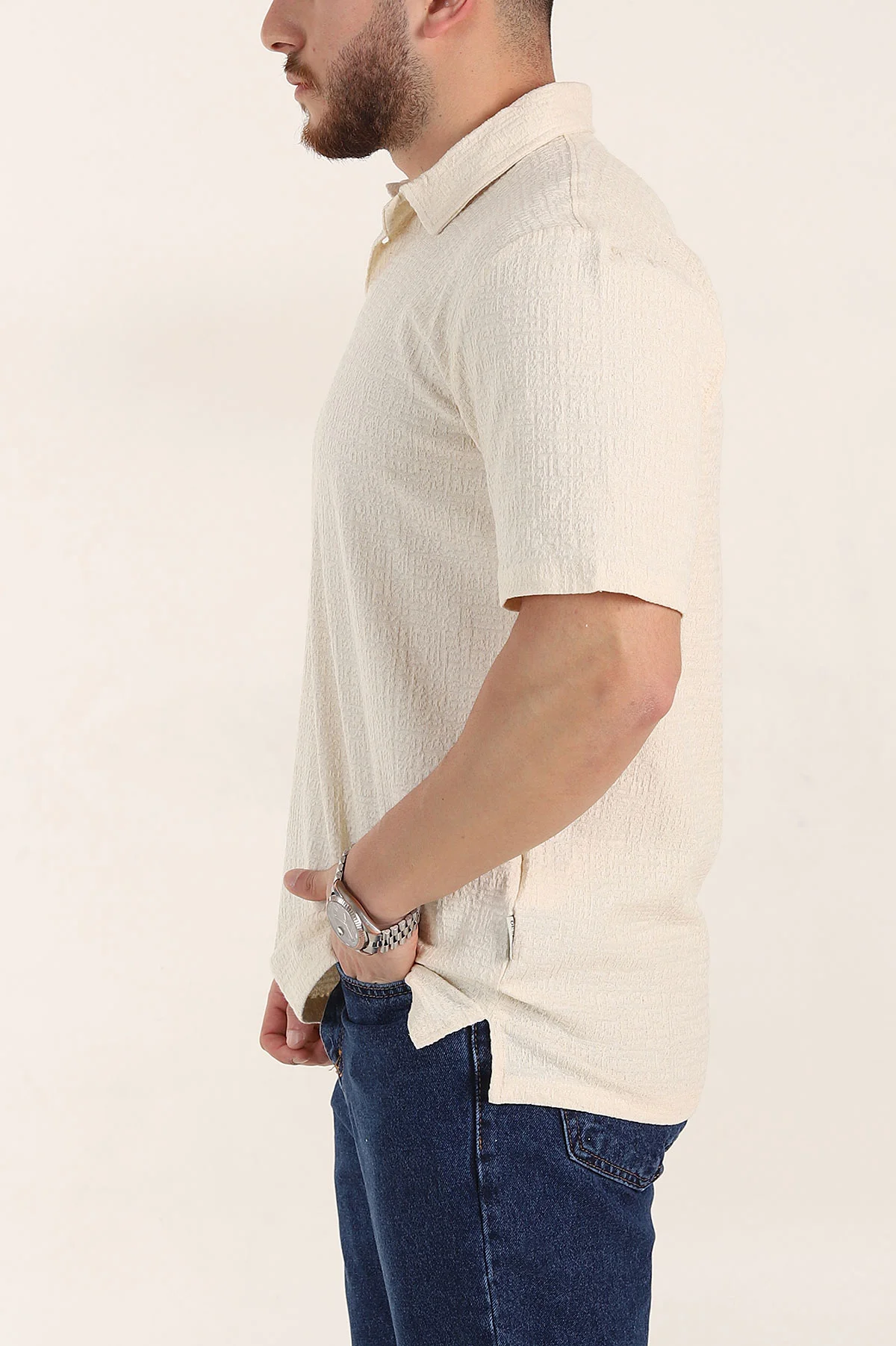 Krem Relaxed Fit Kabartma Dokulu Düğmeli Polo Yaka Erkek Tişört 358228