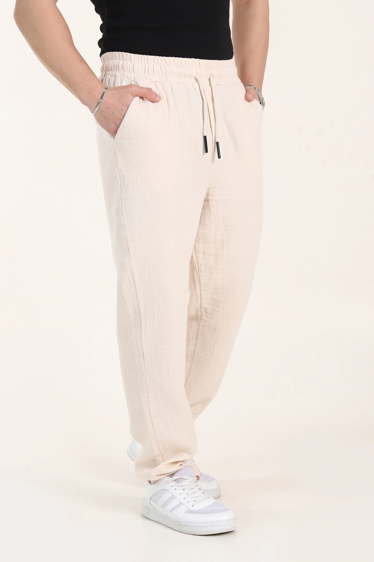 Krem Relaxed Fit Kalın Müslin Keten Erkek Jogger Eşofman Altı 354104