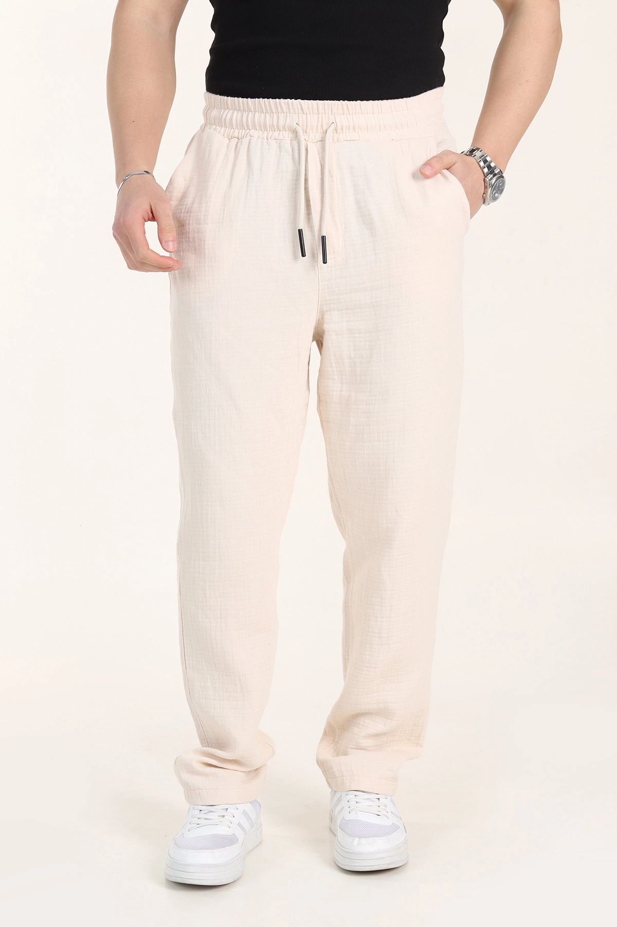 Krem Relaxed Fit Kalın Müslin Keten Erkek Jogger Eşofman Altı 354104