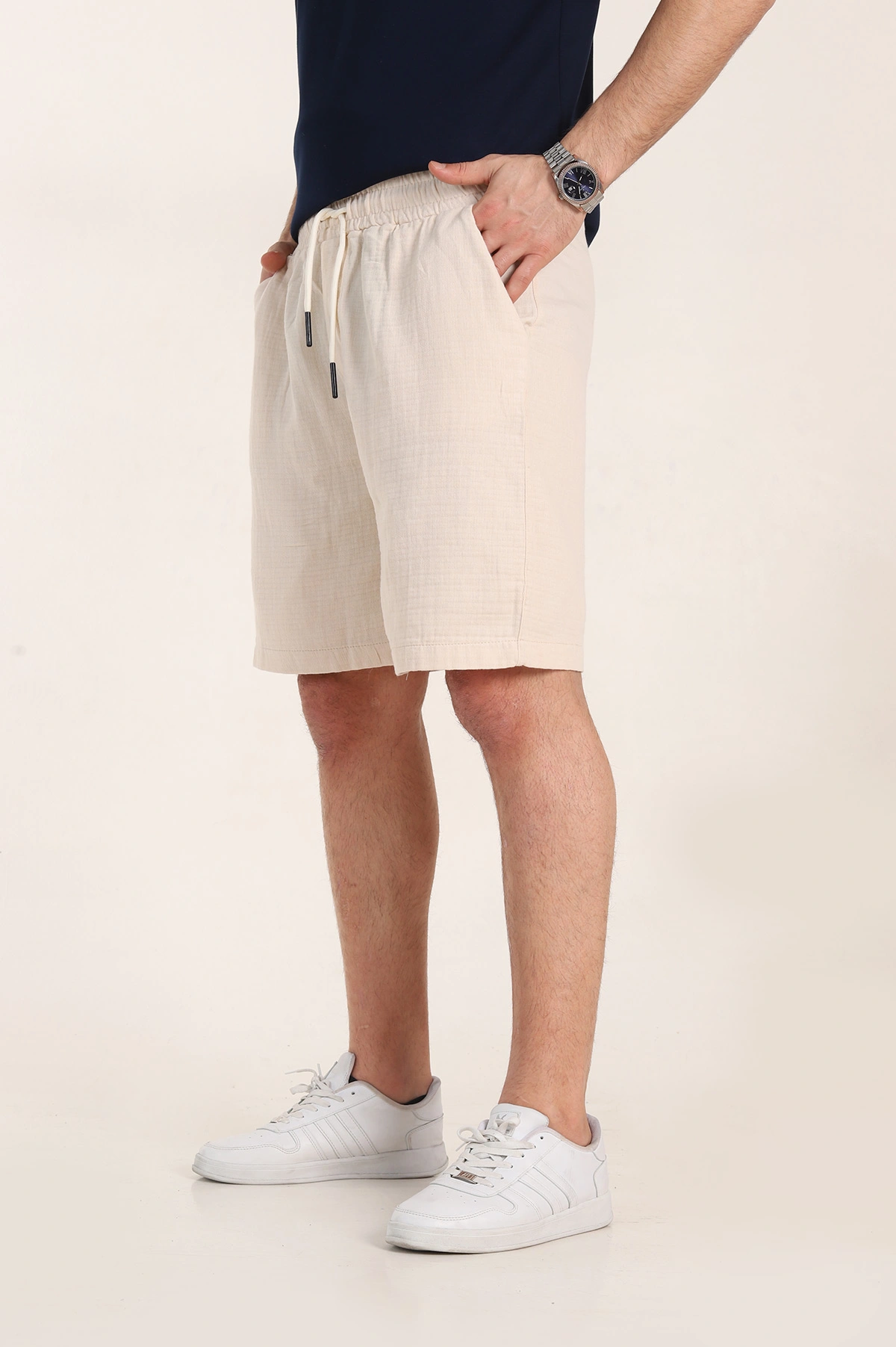 Krem Relaxed Fit Kalın Müslin Keten Erkek Şort 354064
