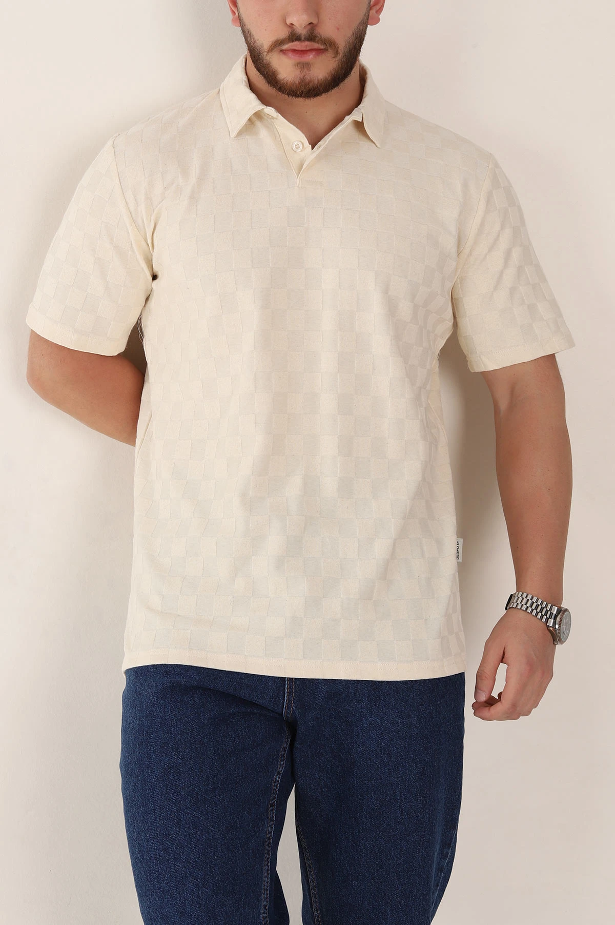 Krem Relaxed Fit Kare Dokulu Düğmeli Polo Yaka Erkek Tişört 358172