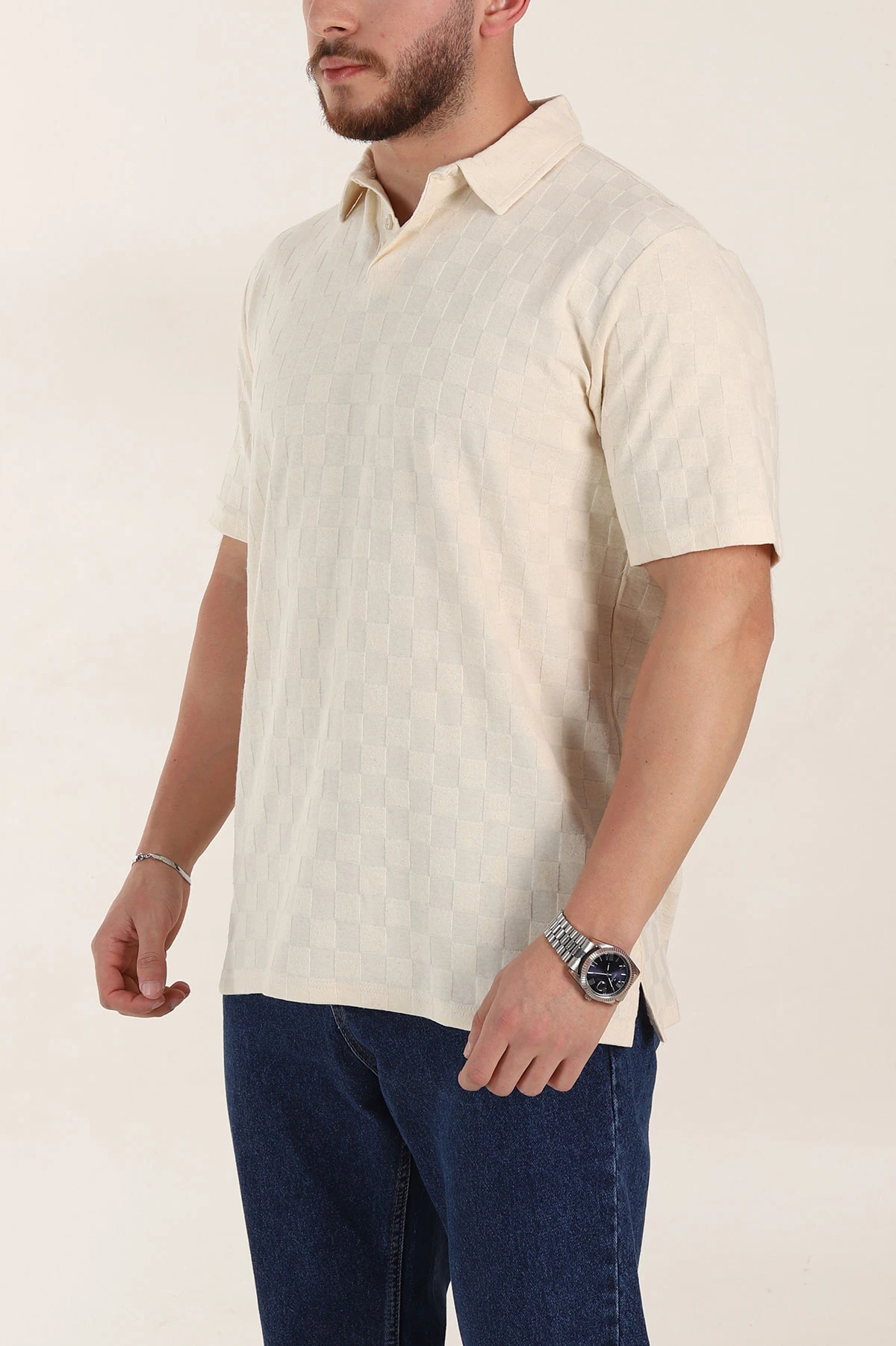 Krem Relaxed Fit Kare Dokulu Düğmeli Polo Yaka Erkek Tişört 358172