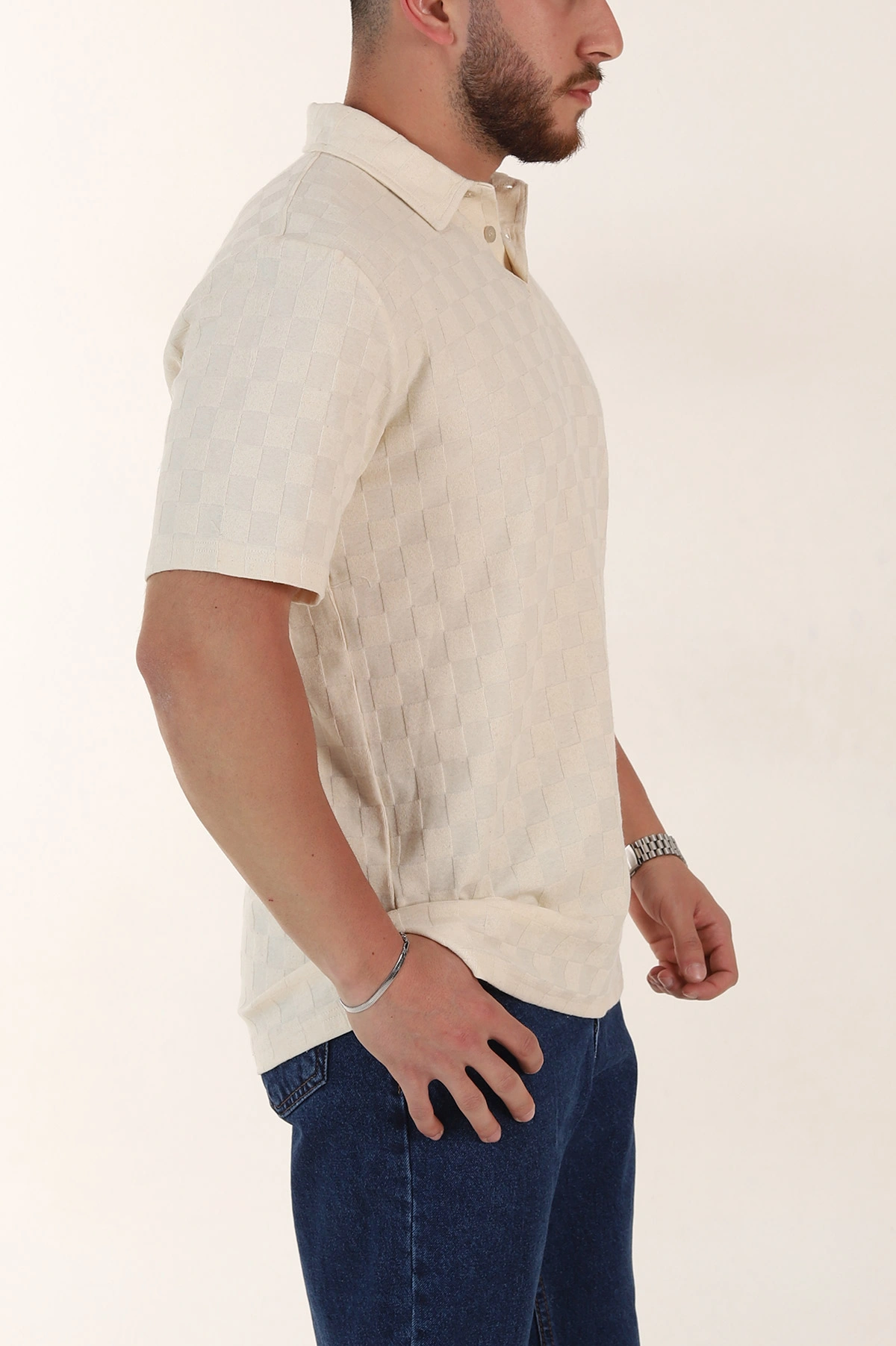 Krem Relaxed Fit Kare Dokulu Düğmeli Polo Yaka Erkek Tişört 358172