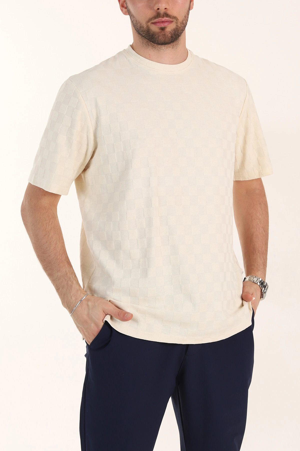 Krem Relaxed Fit Kare Dokulu Erkek Tişört 358001
