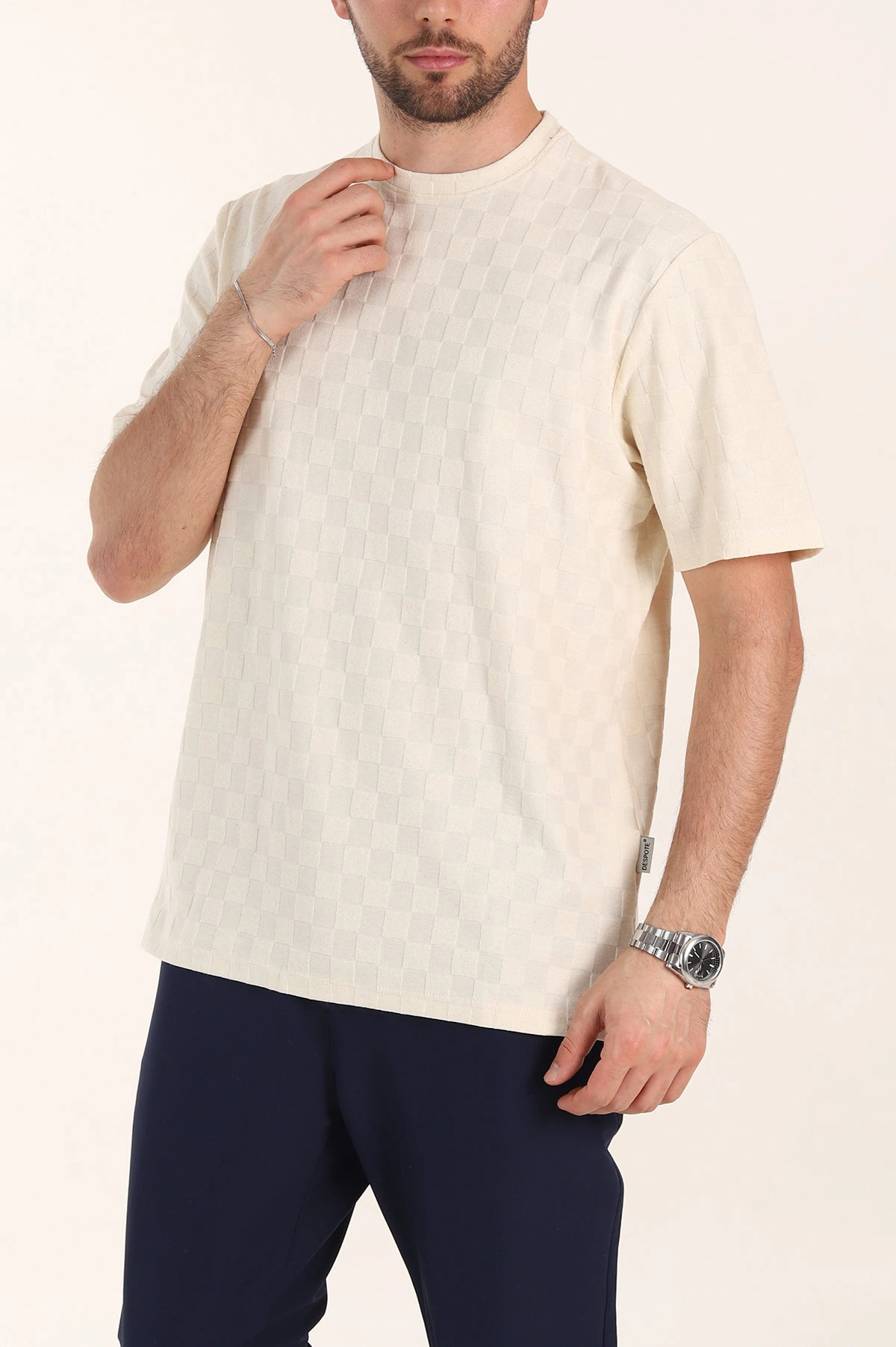 Krem Relaxed Fit Kare Dokulu Erkek Tişört 358001