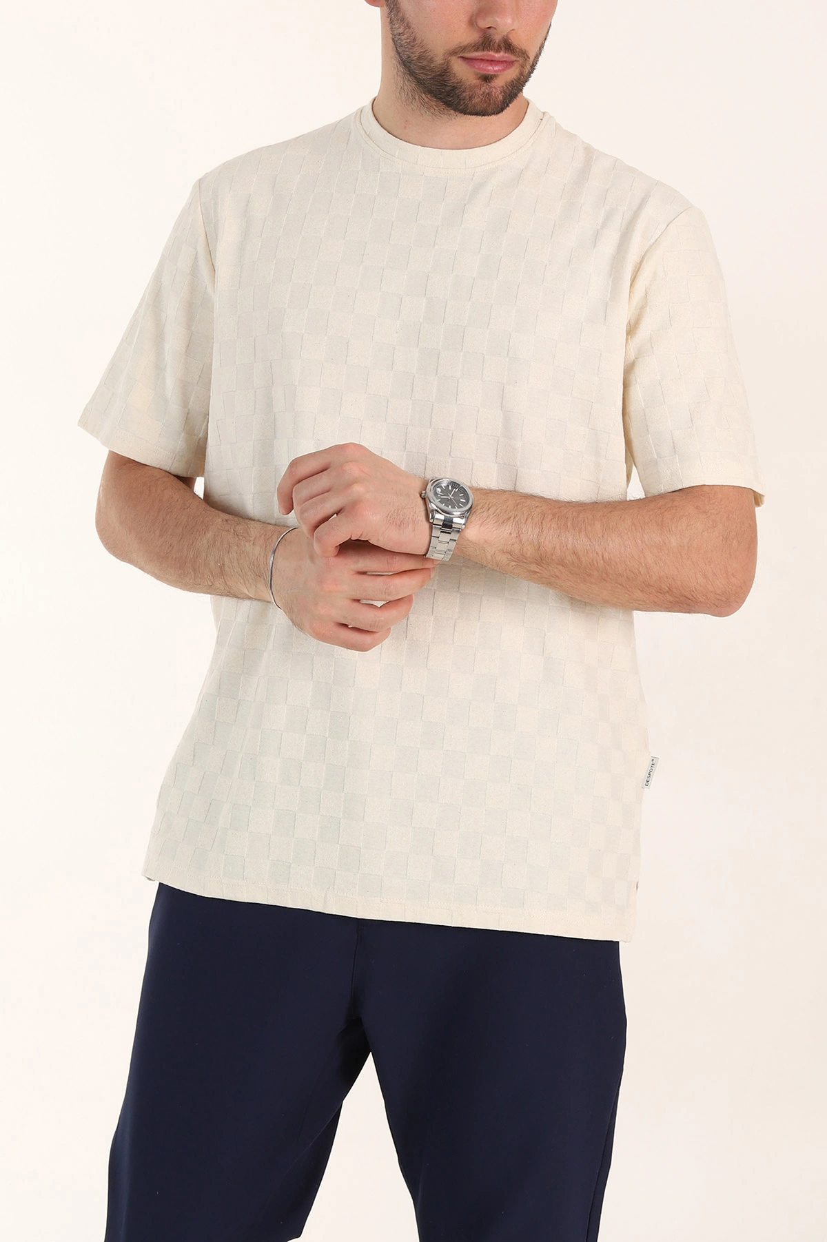 Krem Relaxed Fit Kare Dokulu Erkek Tişört 358001