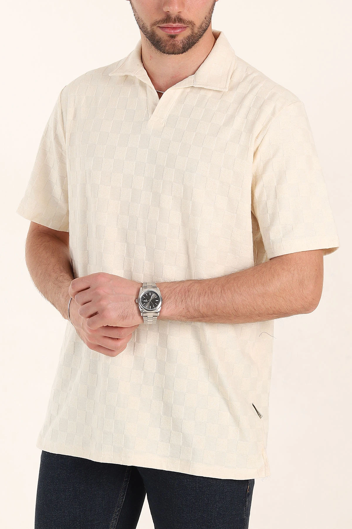 Krem Relaxed Fit Kare Dokulu Patlı Polo Yaka Erkek Tişört 358034
