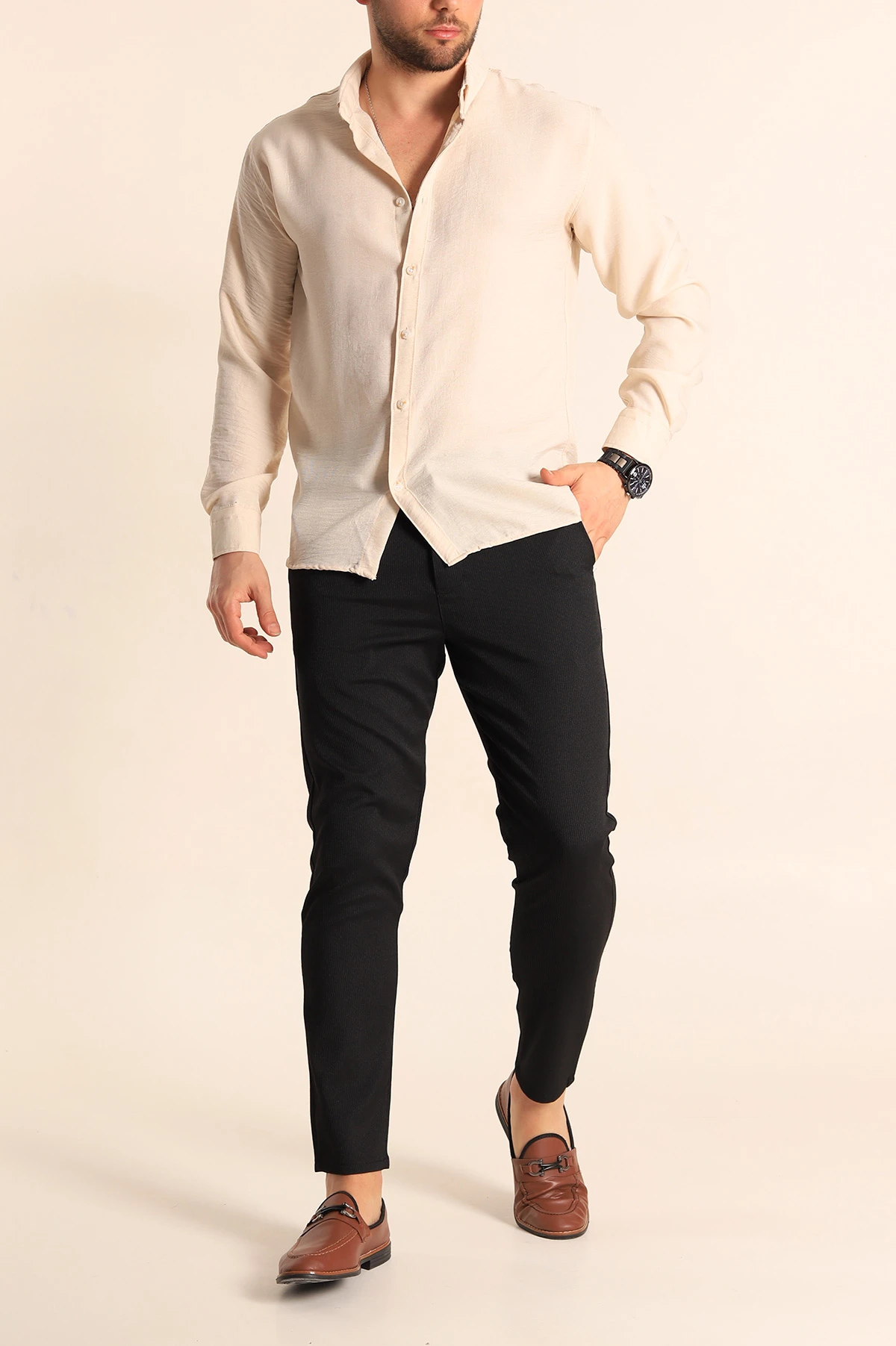 Krem Relaxed Fit Keten Erkek Gömlek 256524