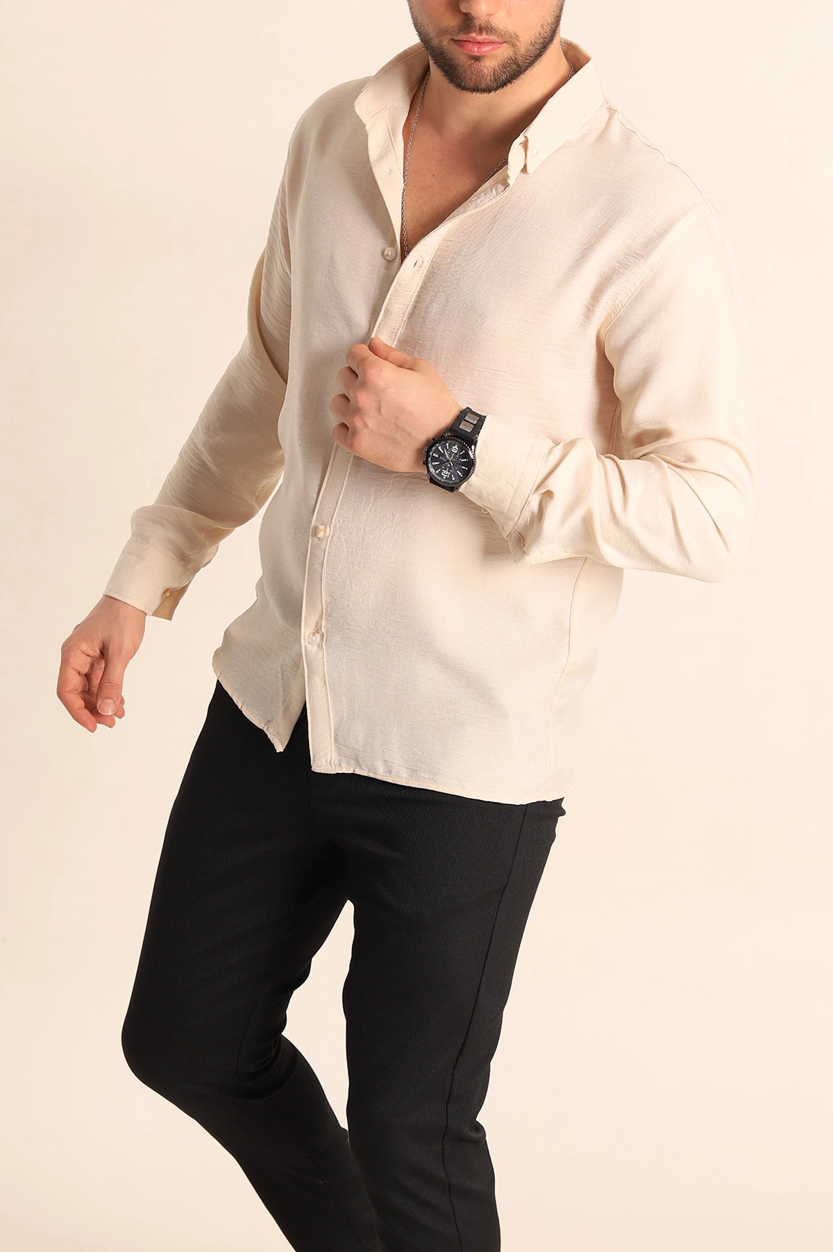 Krem Relaxed Fit Keten Erkek Gömlek 256524