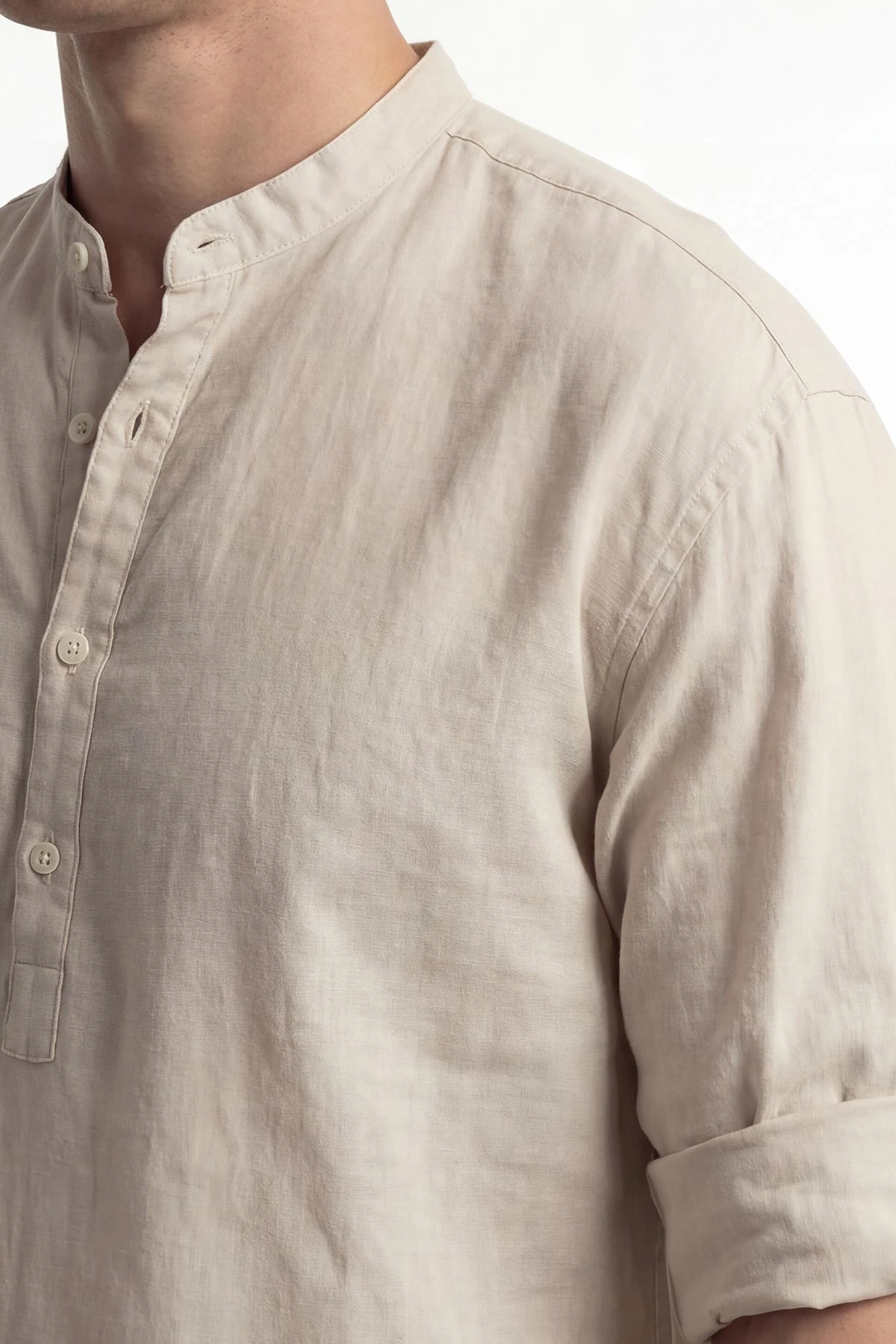 Krem Relaxed Fit Keten Yarım Düğmeli Hakim Yaka Erkek Gömlek 435881