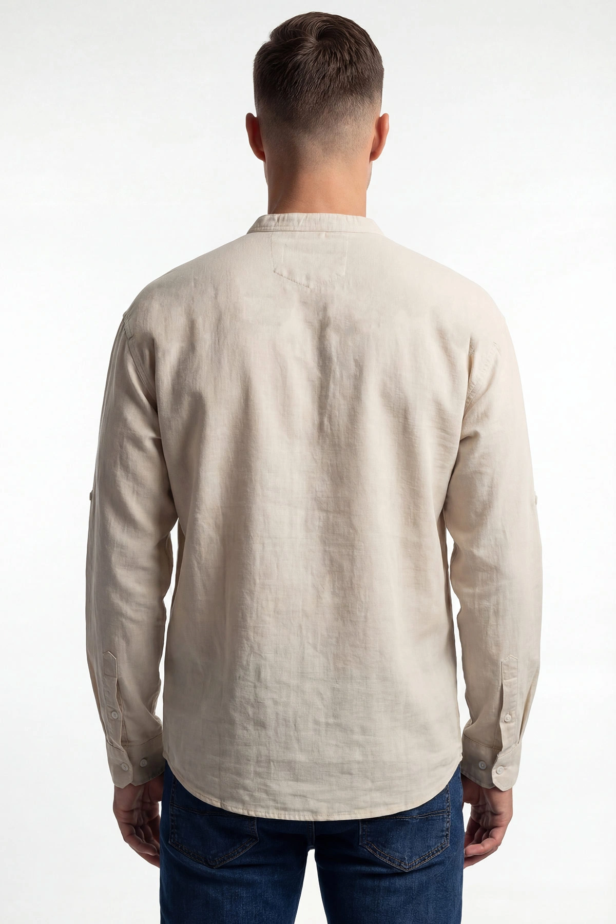 Krem Relaxed Fit Keten Yarım Düğmeli Hakim Yaka Erkek Gömlek 435881