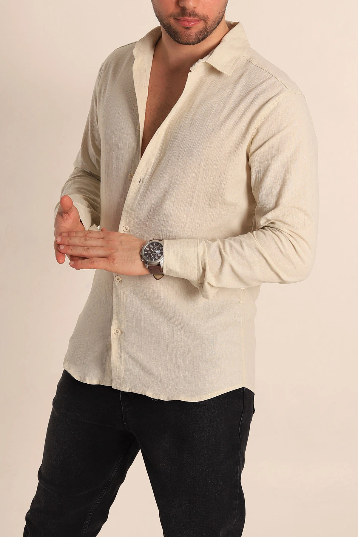 Krem Relaxed Fit Kırınkıl Keten Erkek Gömlek 256991
