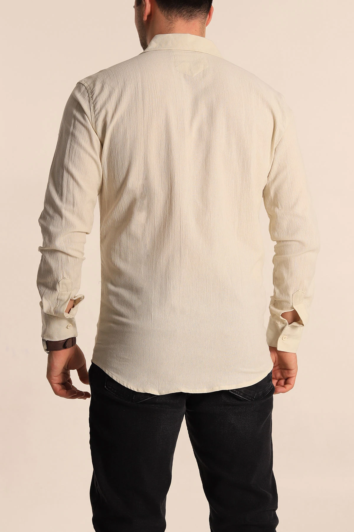 Krem Relaxed Fit Kırınkıl Keten Erkek Gömlek 256991