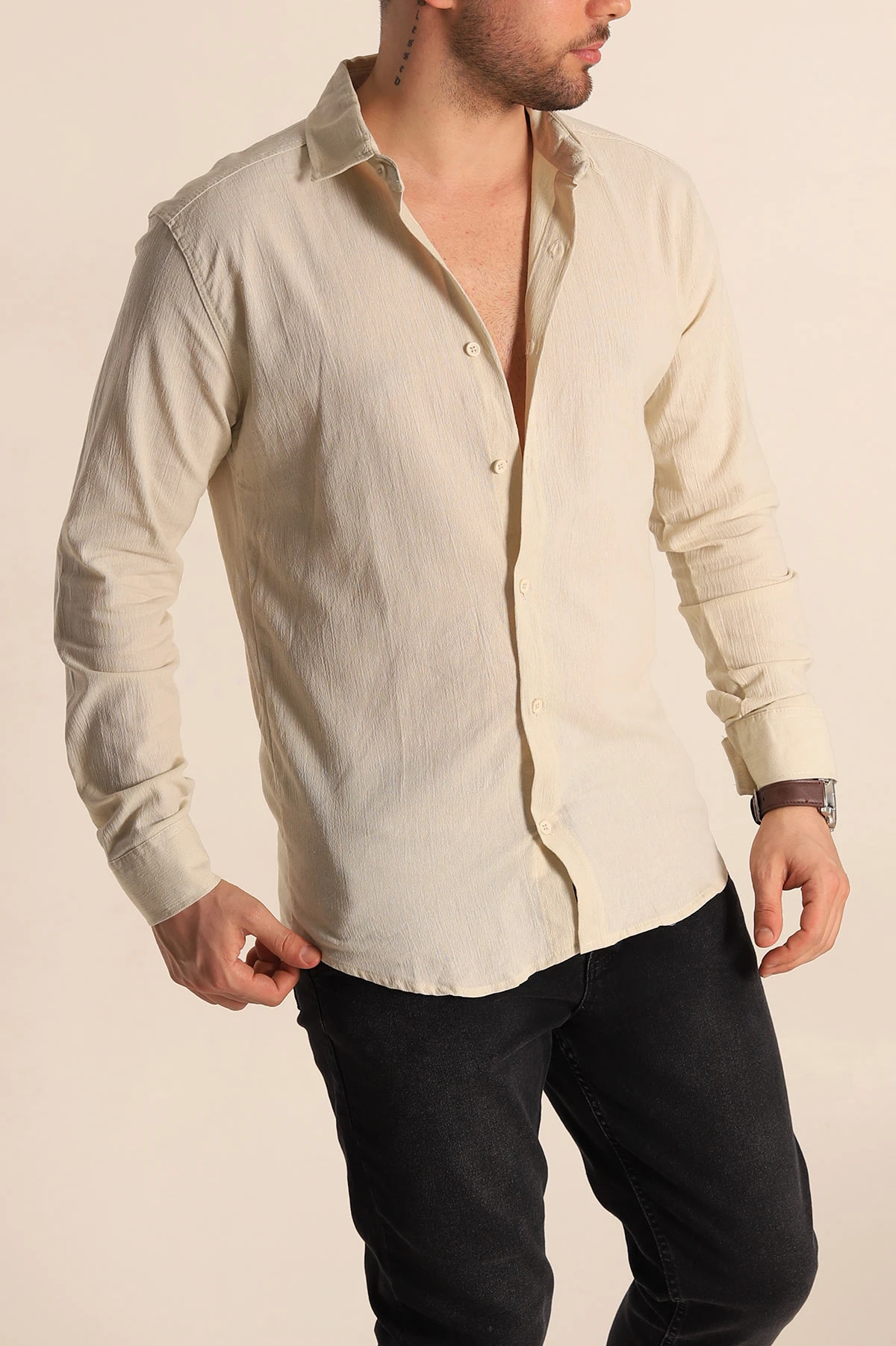Krem Relaxed Fit Kırınkıl Keten Erkek Gömlek 256991