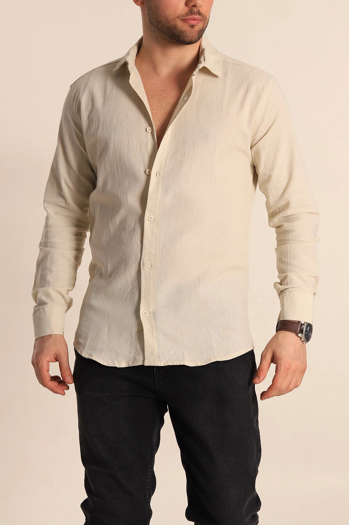 Krem Relaxed Fit Kırınkıl Keten Erkek Gömlek 256991