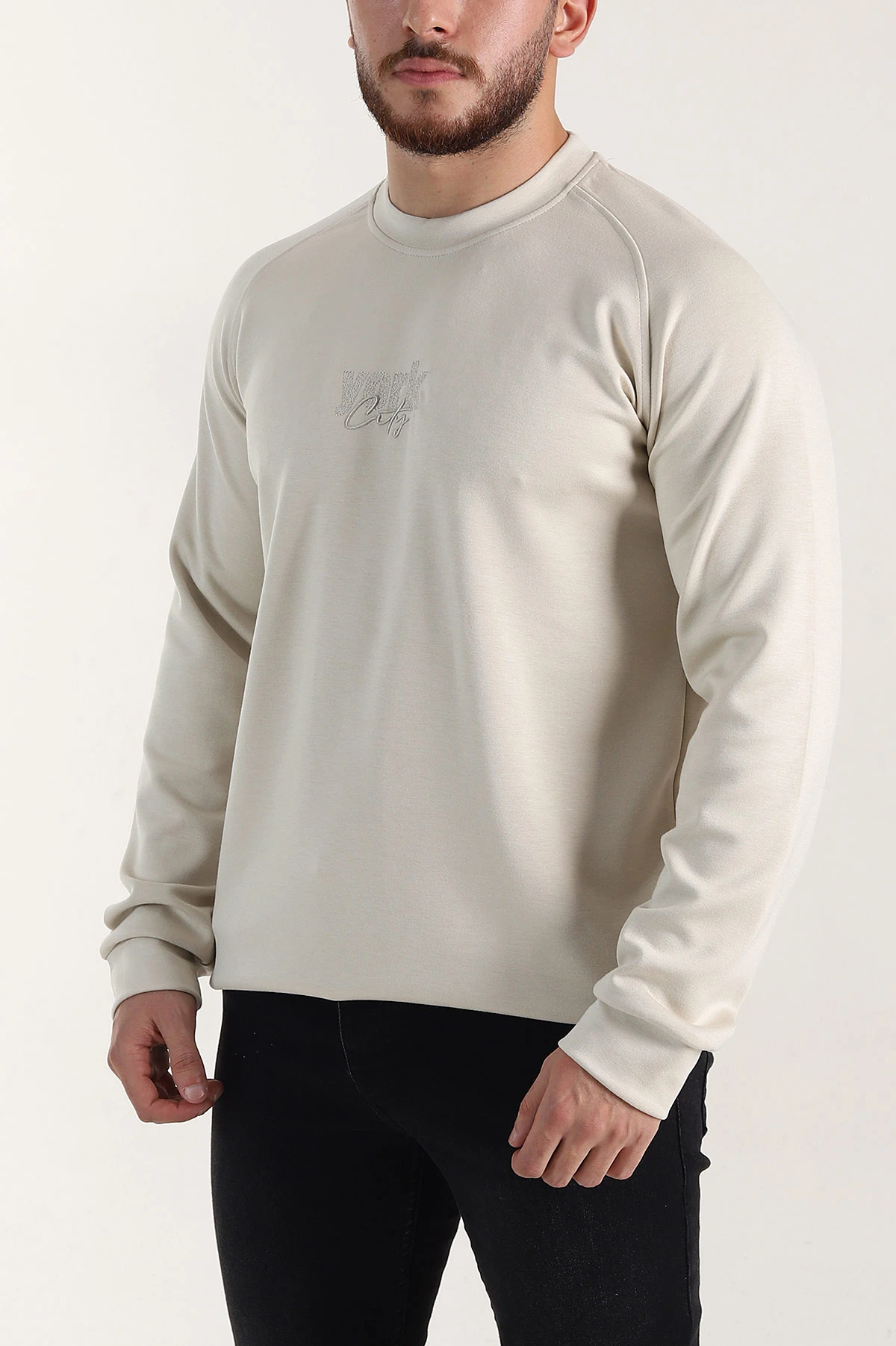 Krem Relaxed Fit Oysho Kumaş Nakış Detaylı Erkek Sweatshirt 399468