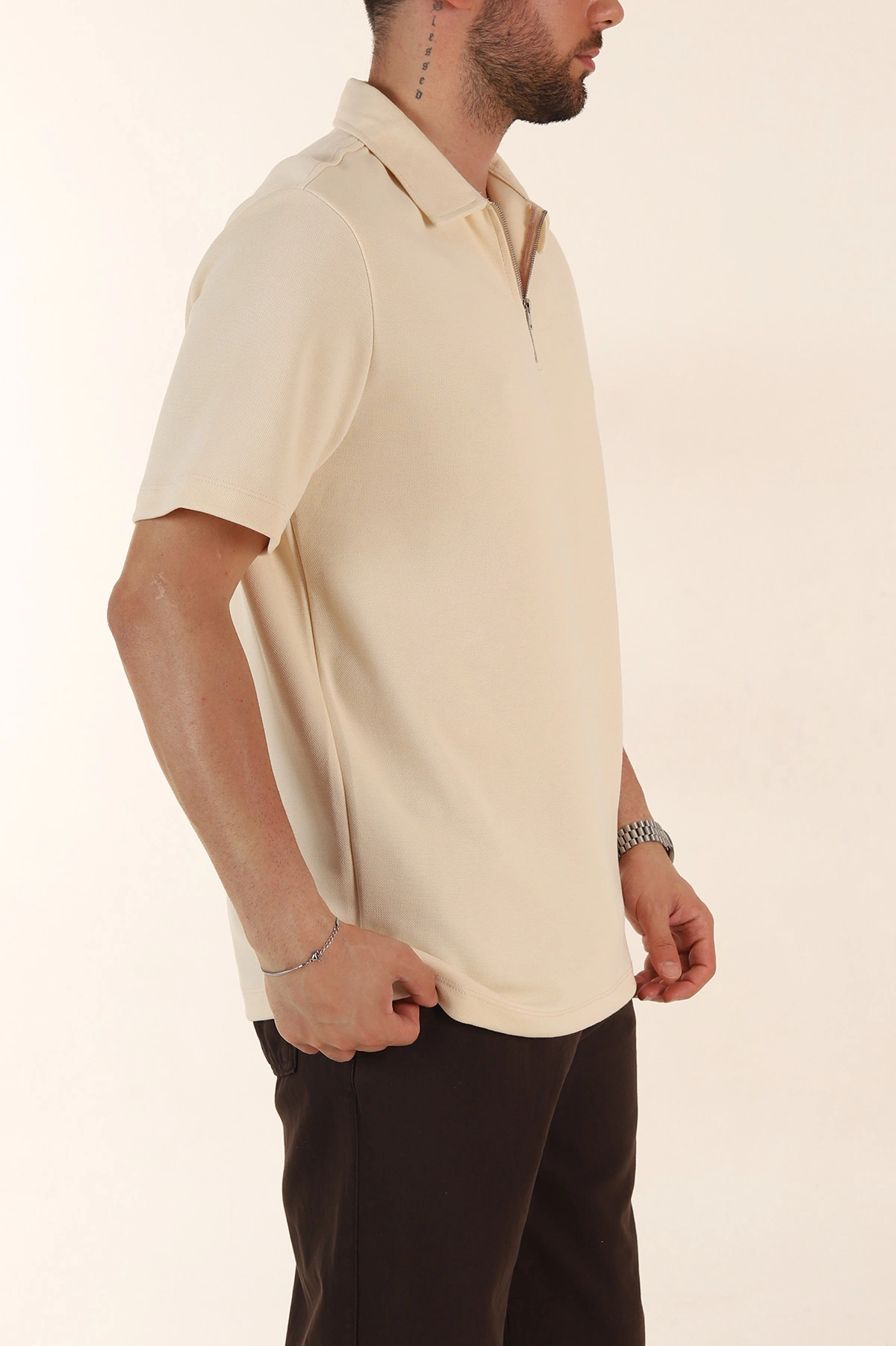 Krem Relaxed Fit Pike Doku Fermuarlı Polo Yaka Erkek Tişört 368377