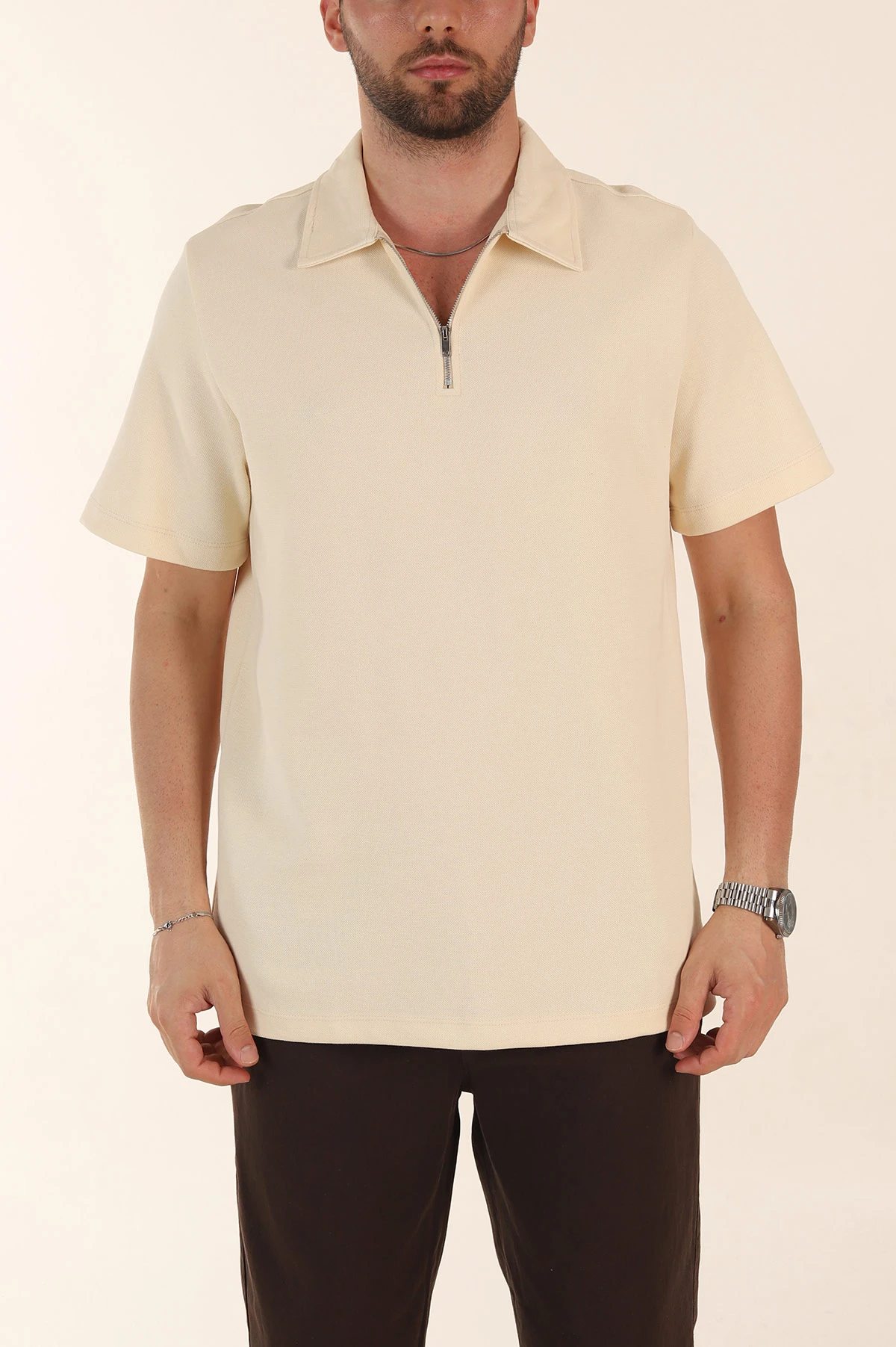 Krem Relaxed Fit Pike Doku Fermuarlı Polo Yaka Erkek Tişört 368377