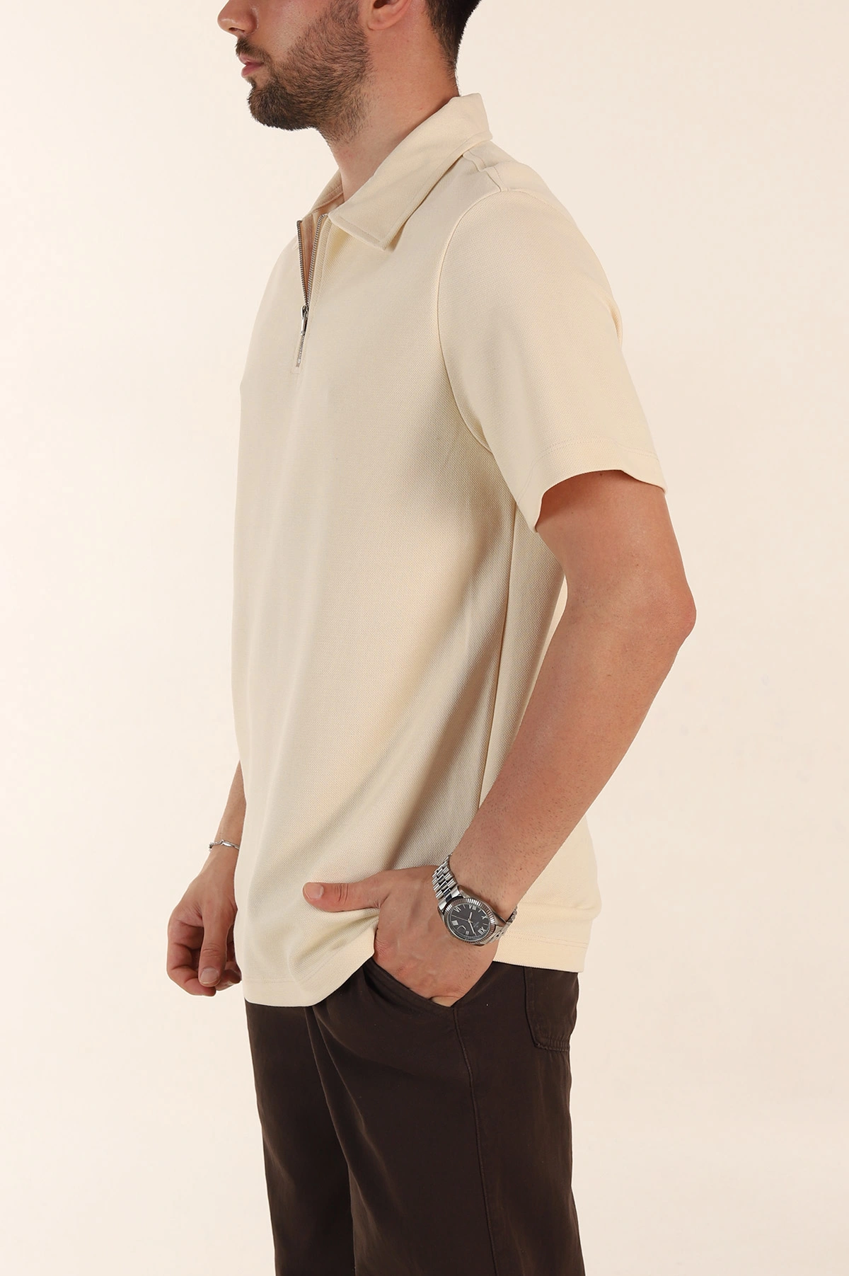 Krem Relaxed Fit Pike Doku Fermuarlı Polo Yaka Erkek Tişört 368377
