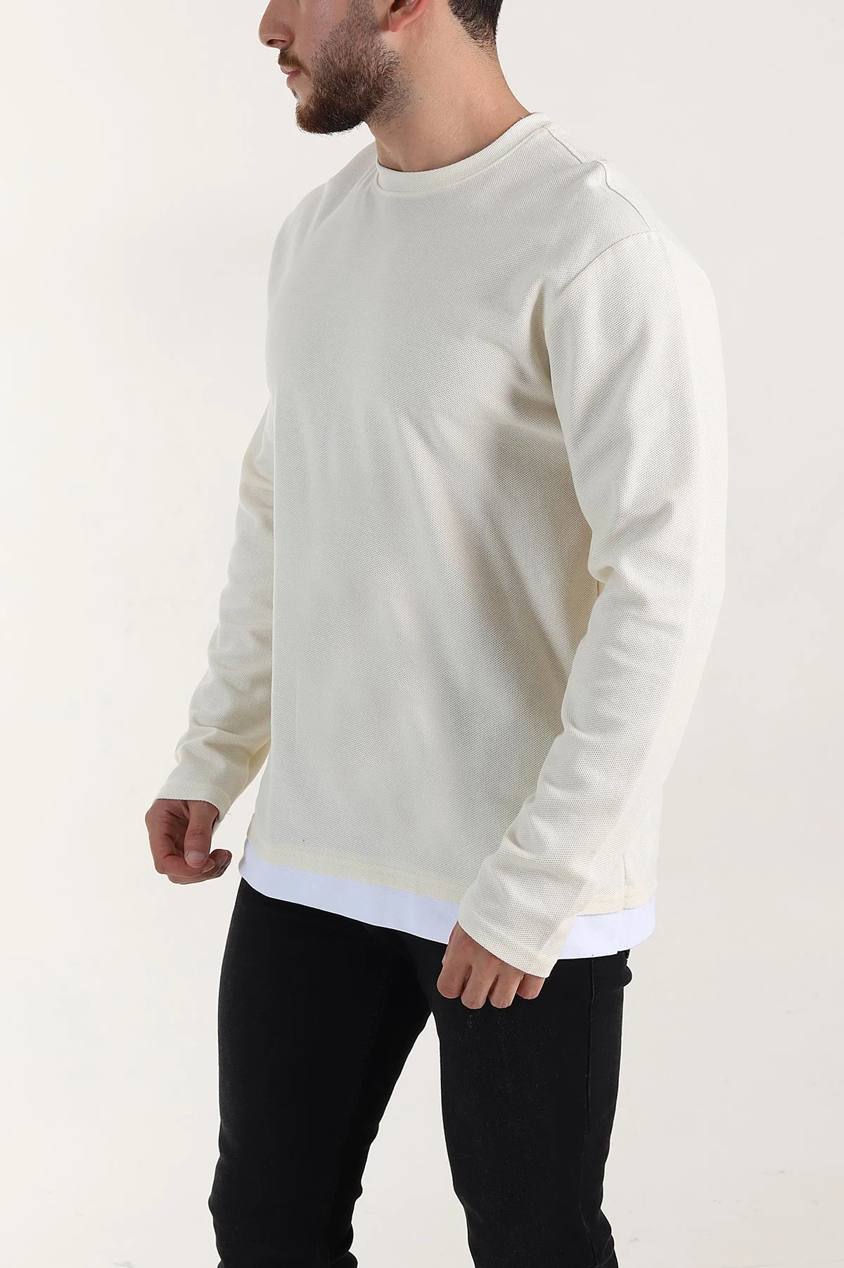 Krem Relaxed Fit Pike Dokulu Basic Erkek Sweatshirt 398895