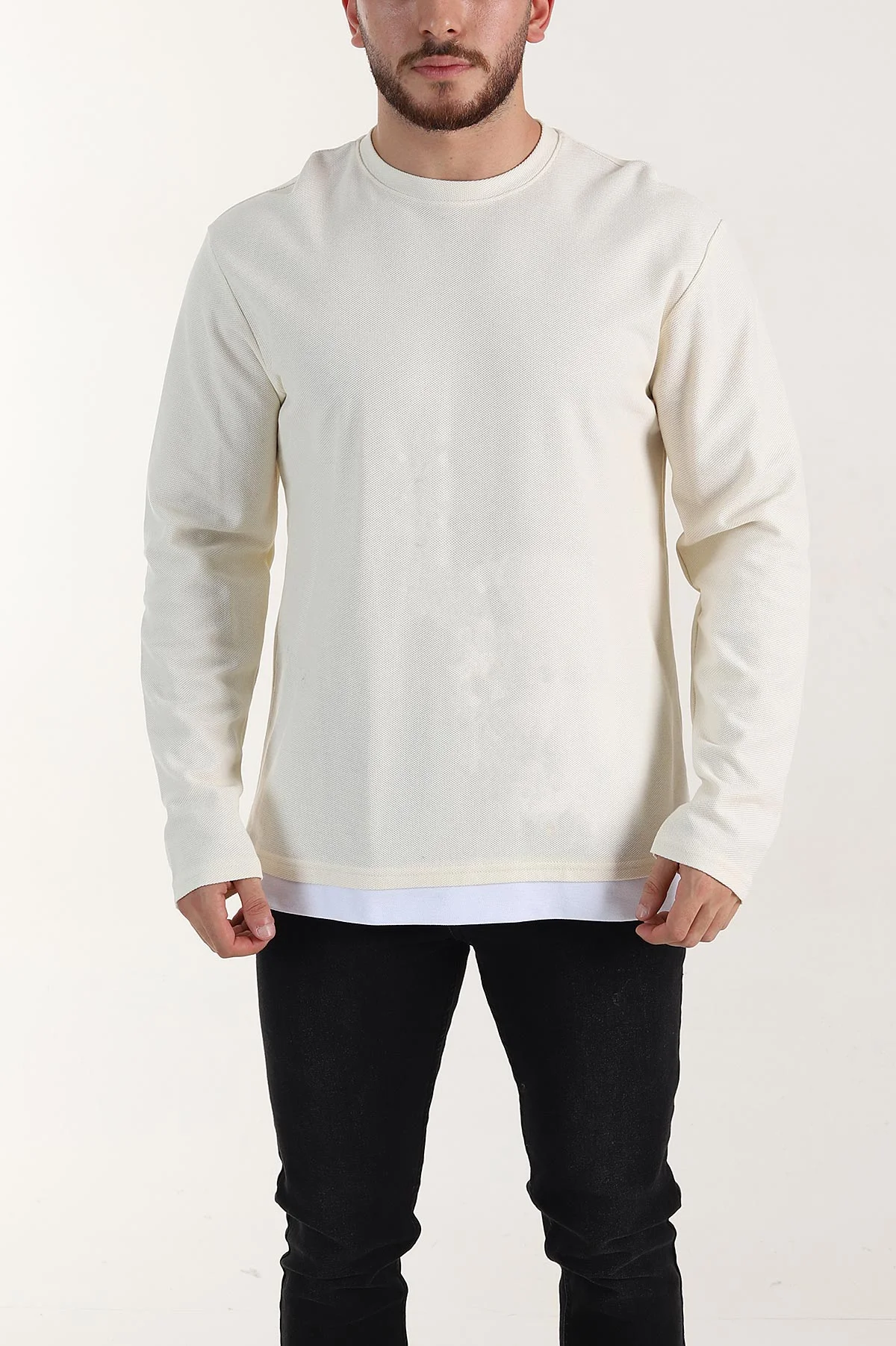 Krem Relaxed Fit Pike Dokulu Basic Erkek Sweatshirt 398895