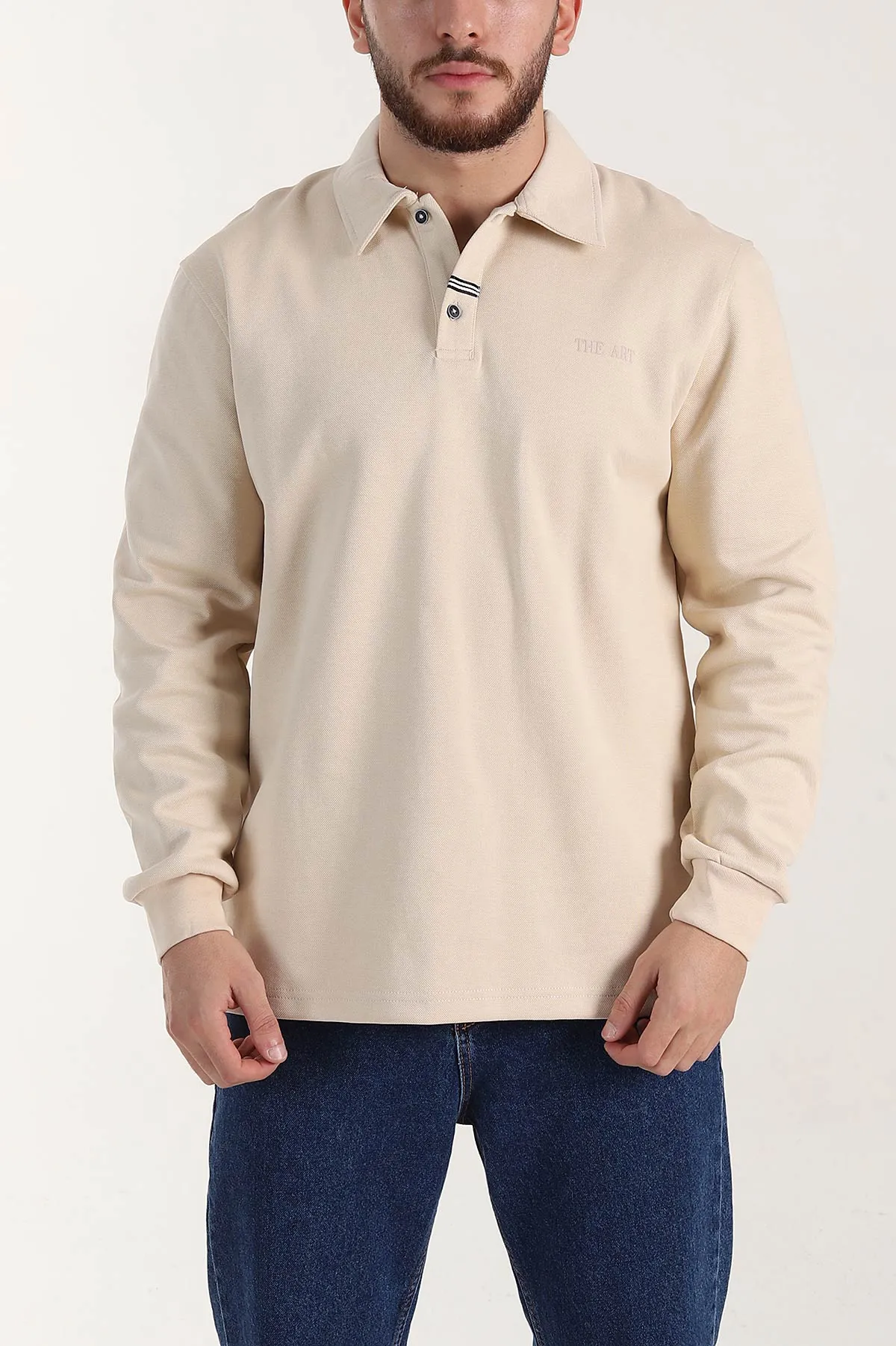 Krem Relaxed Fit Pike Dokulu Düğmeli Polo Yaka Erkek Sweatshirt 400879