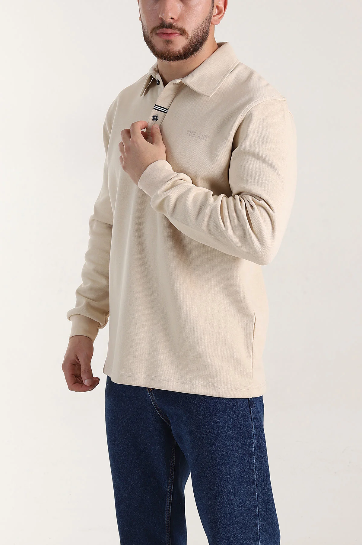 Krem Relaxed Fit Pike Dokulu Düğmeli Polo Yaka Erkek Sweatshirt 400879