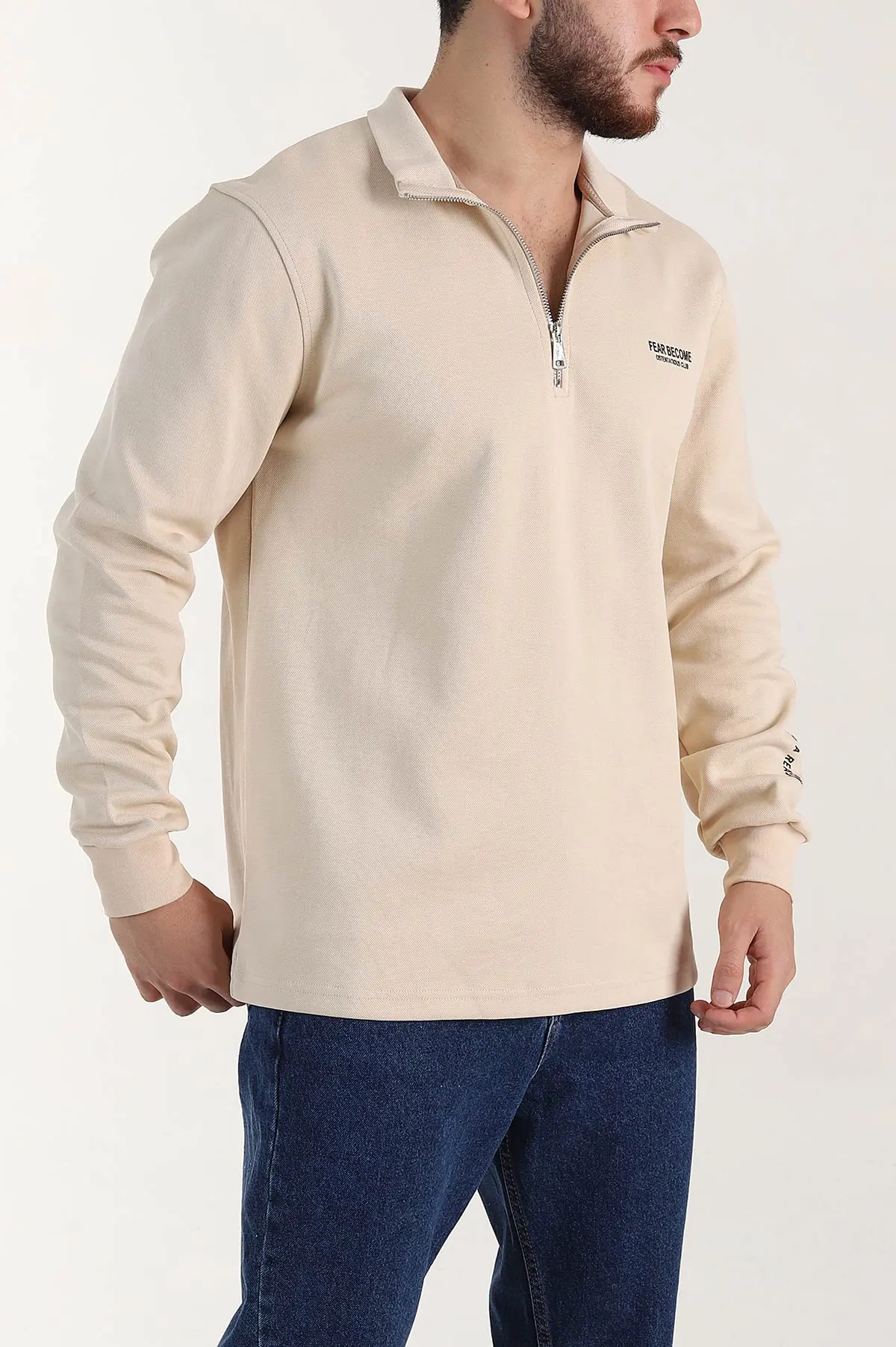 Krem Relaxed Fit Pike Dokulu Yarım Fermuarlı Erkek Sweatshirt 400874