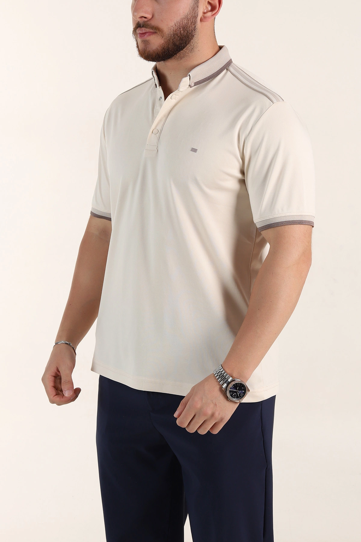 Krem Relaxed Fit Şerit Detaylı Polo Yaka Erkek Tişört 359111
