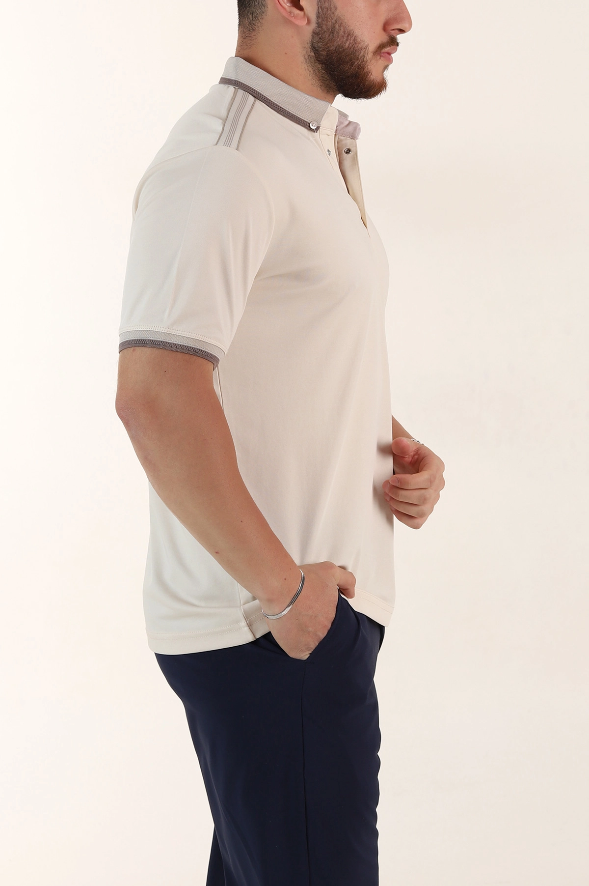 Krem Relaxed Fit Şerit Detaylı Polo Yaka Erkek Tişört 359111