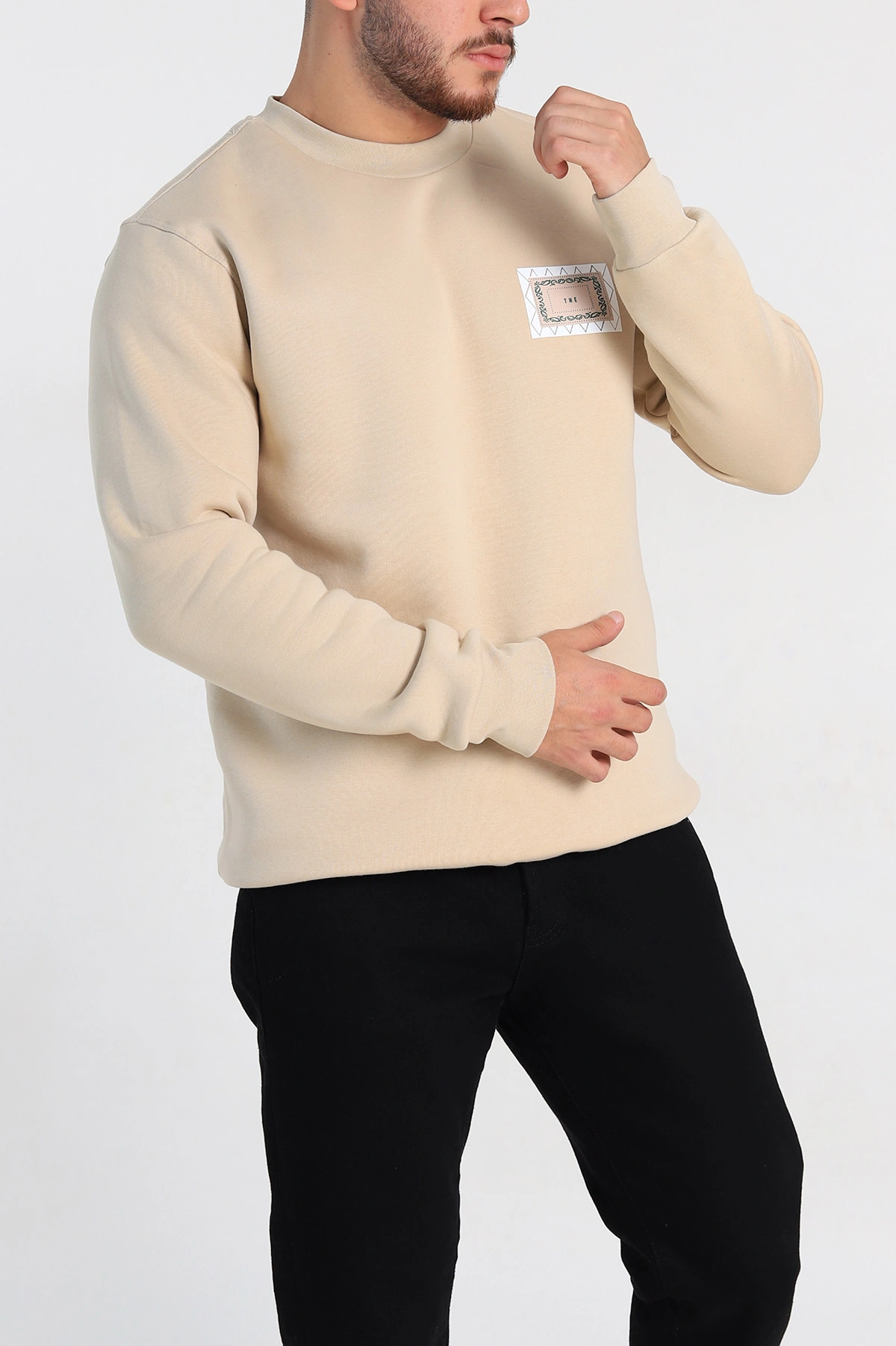 Krem Relaxed Fit Üç İp Şardonlu Baskılı Erkek Sweatshirt 309653