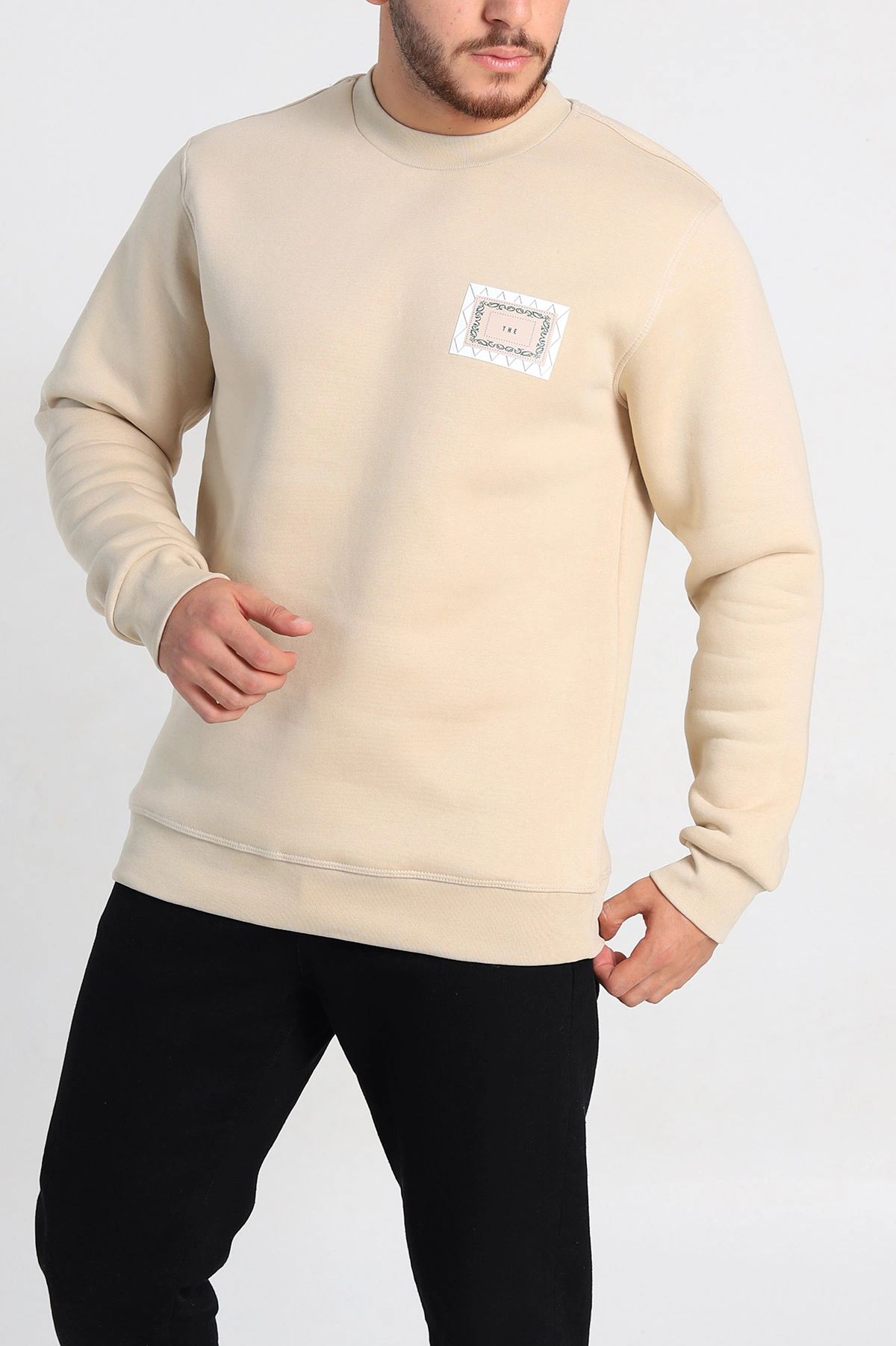 Krem Relaxed Fit Üç İp Şardonlu Baskılı Erkek Sweatshirt 309653
