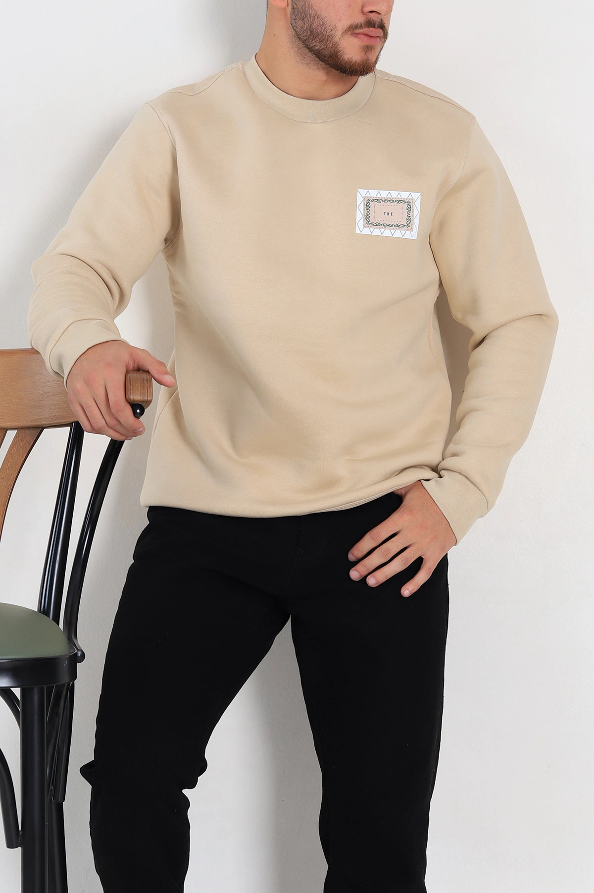 Krem Relaxed Fit Üç İp Şardonlu Baskılı Erkek Sweatshirt 309653