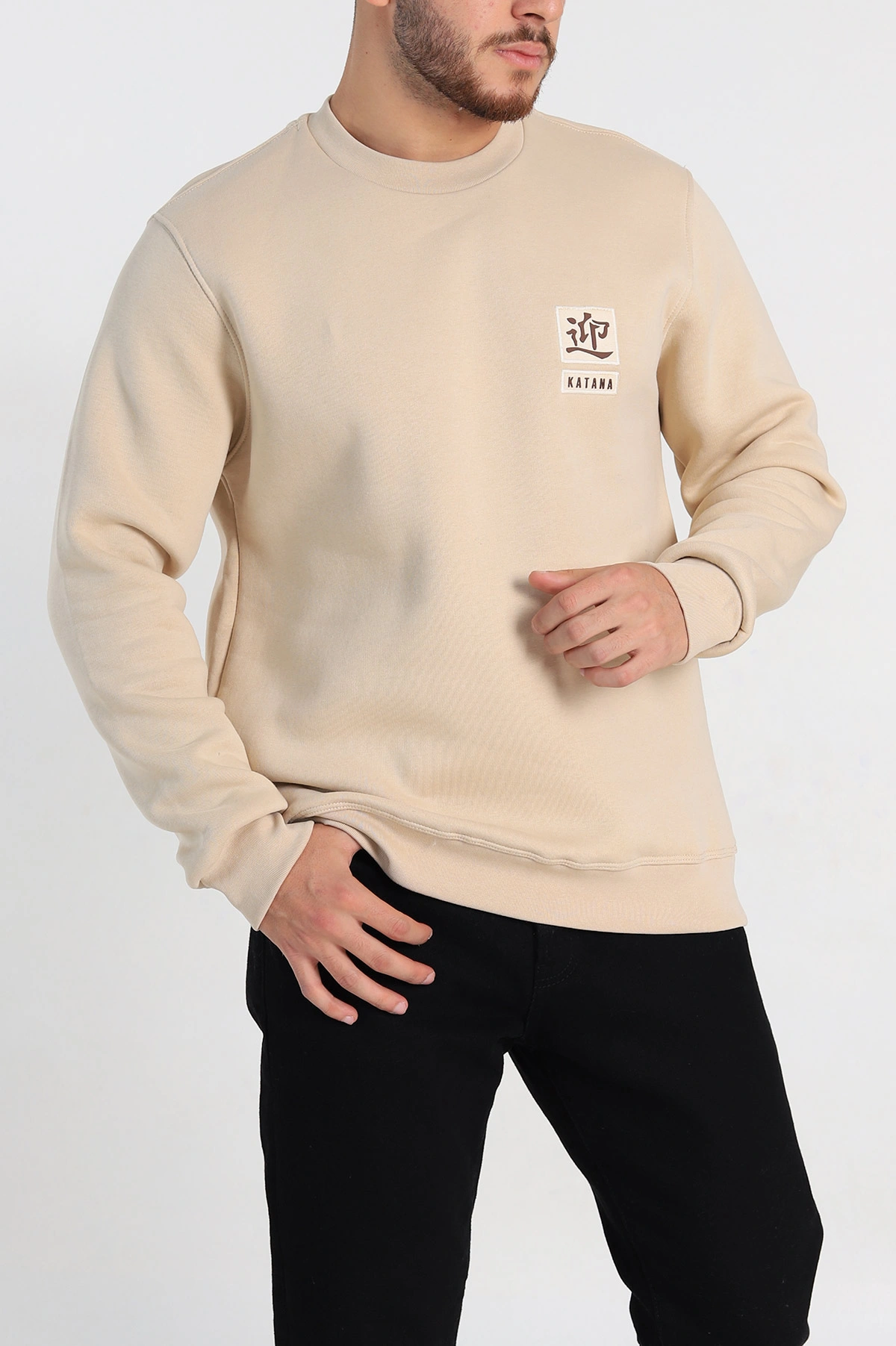 Krem Relaxed Fit Üç İp Şardonlu Kabartma Detaylı Erkek Sweatshirt 309878
