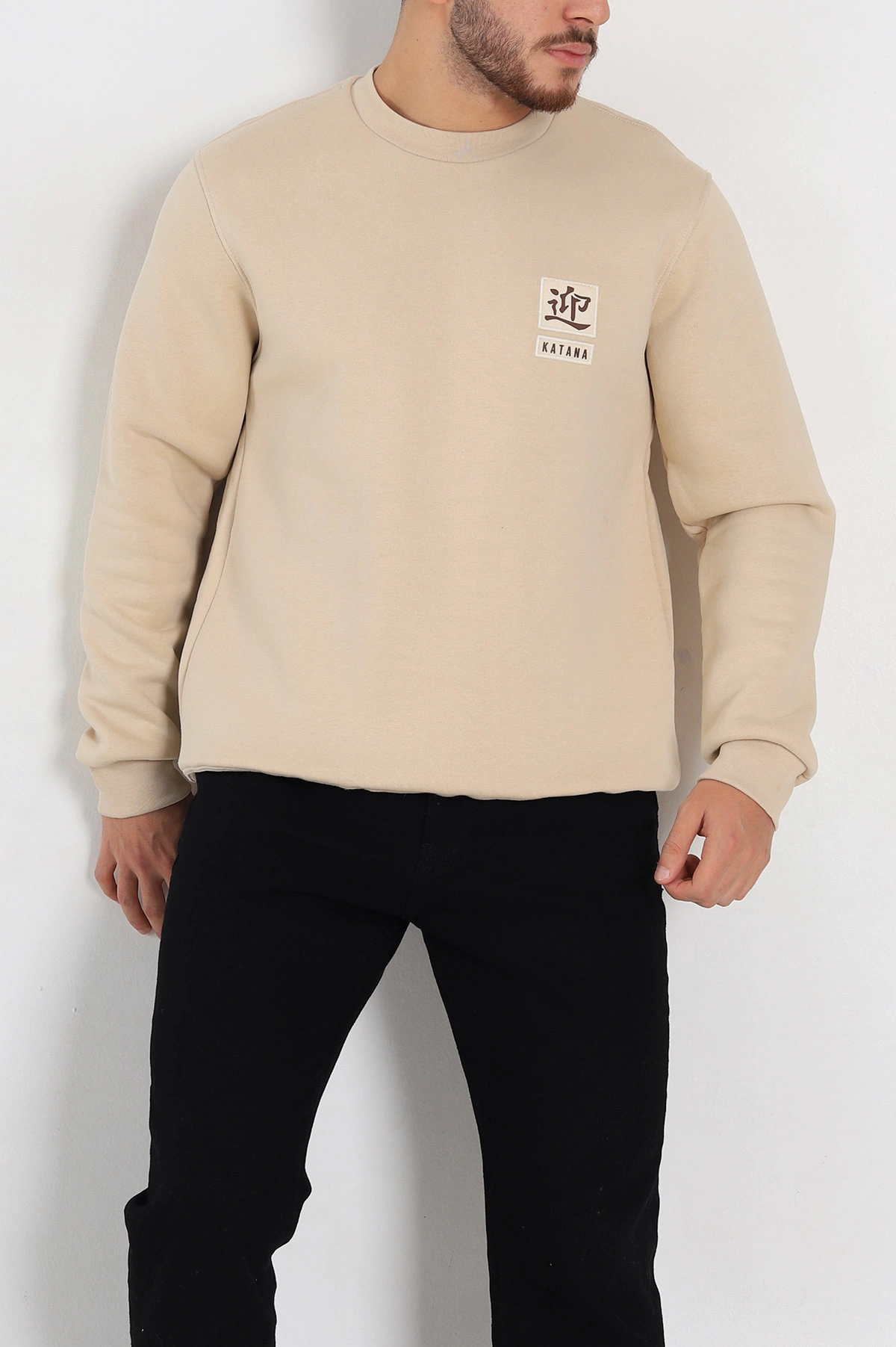 Krem Relaxed Fit Üç İp Şardonlu Kabartma Detaylı Erkek Sweatshirt 309878
