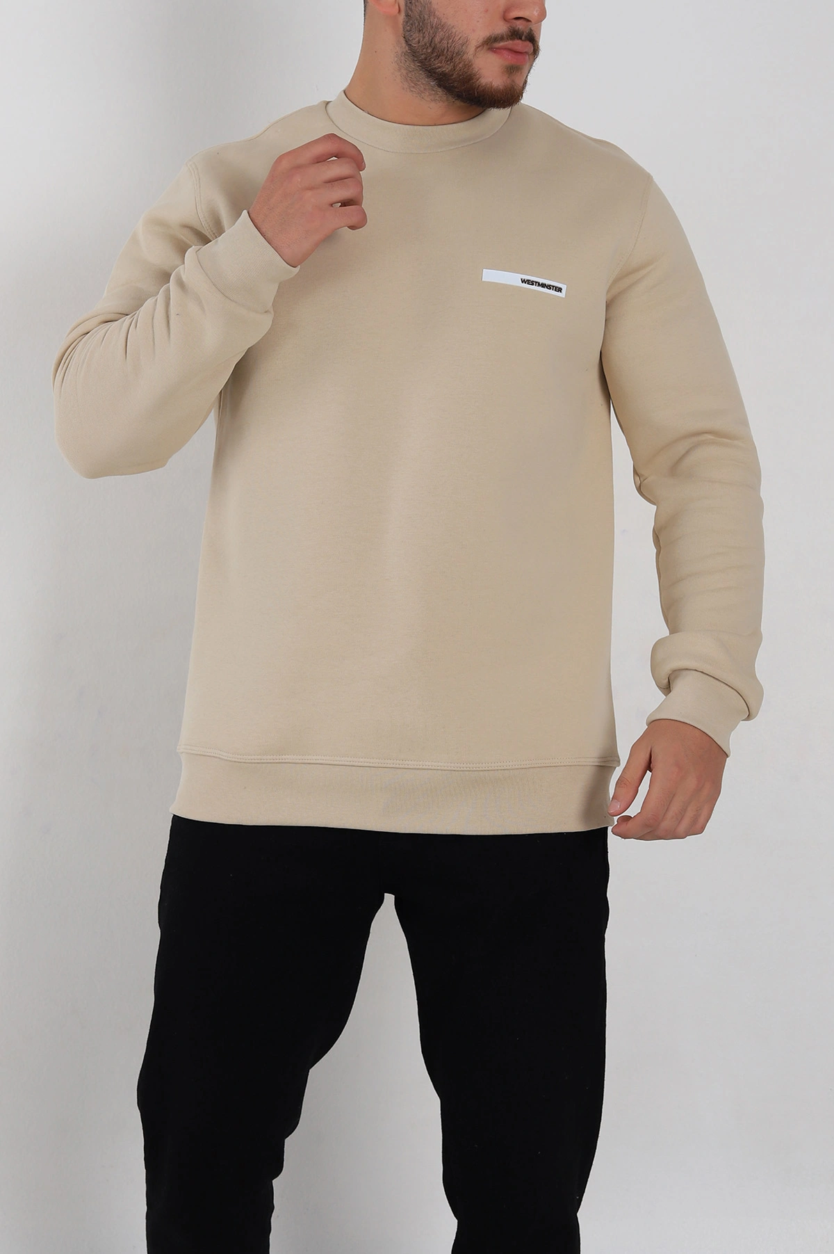 Krem Relaxed Fit Üç İp Şardonlu Kabartma Detaylı Erkek Sweatshirt 309900