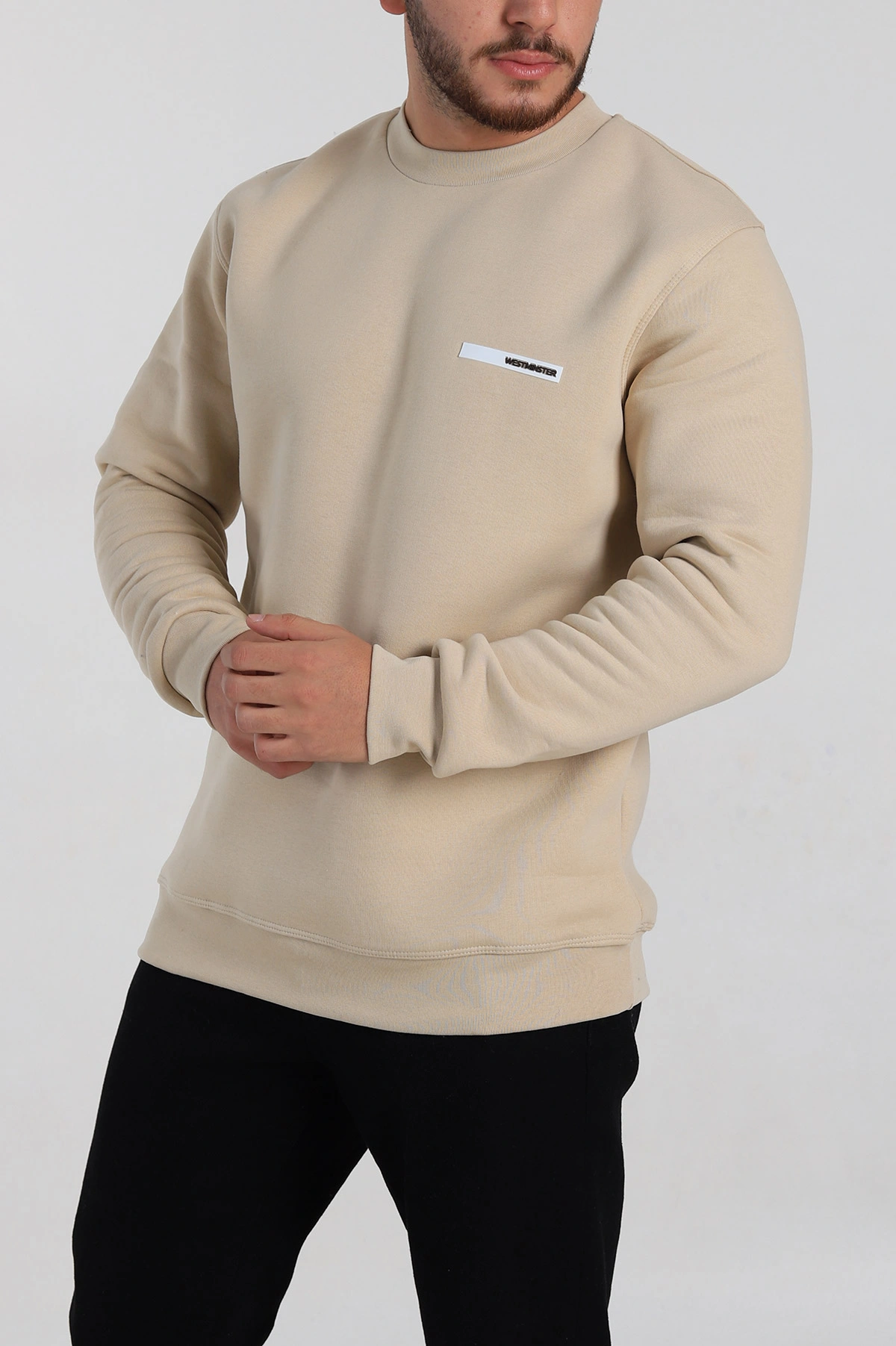 Krem Relaxed Fit Üç İp Şardonlu Kabartma Detaylı Erkek Sweatshirt 309900
