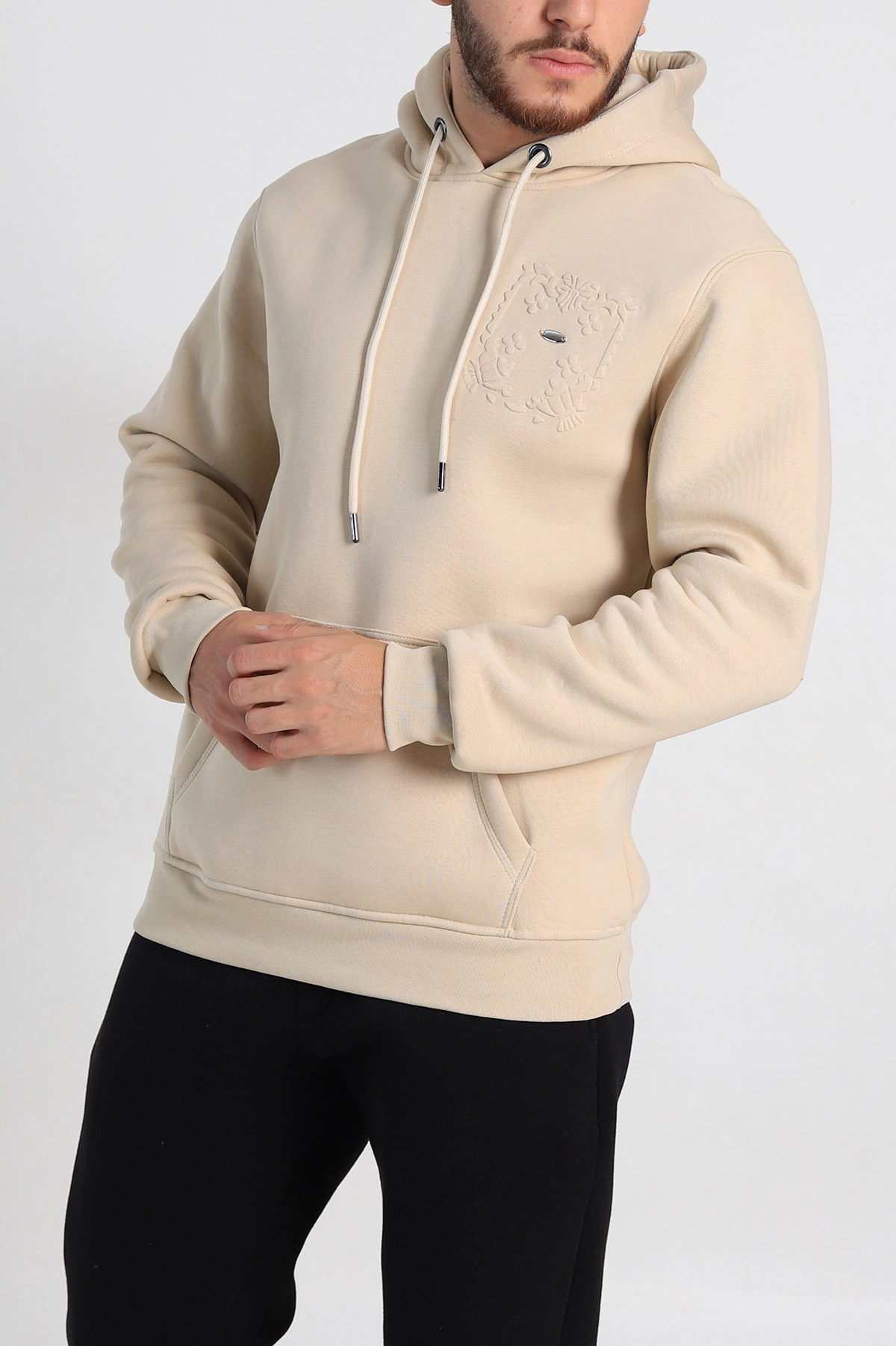 Krem Relaxed Fit Üç İp Şardonlu Kabartma Detaylı Erkek Sweatshirt 311123