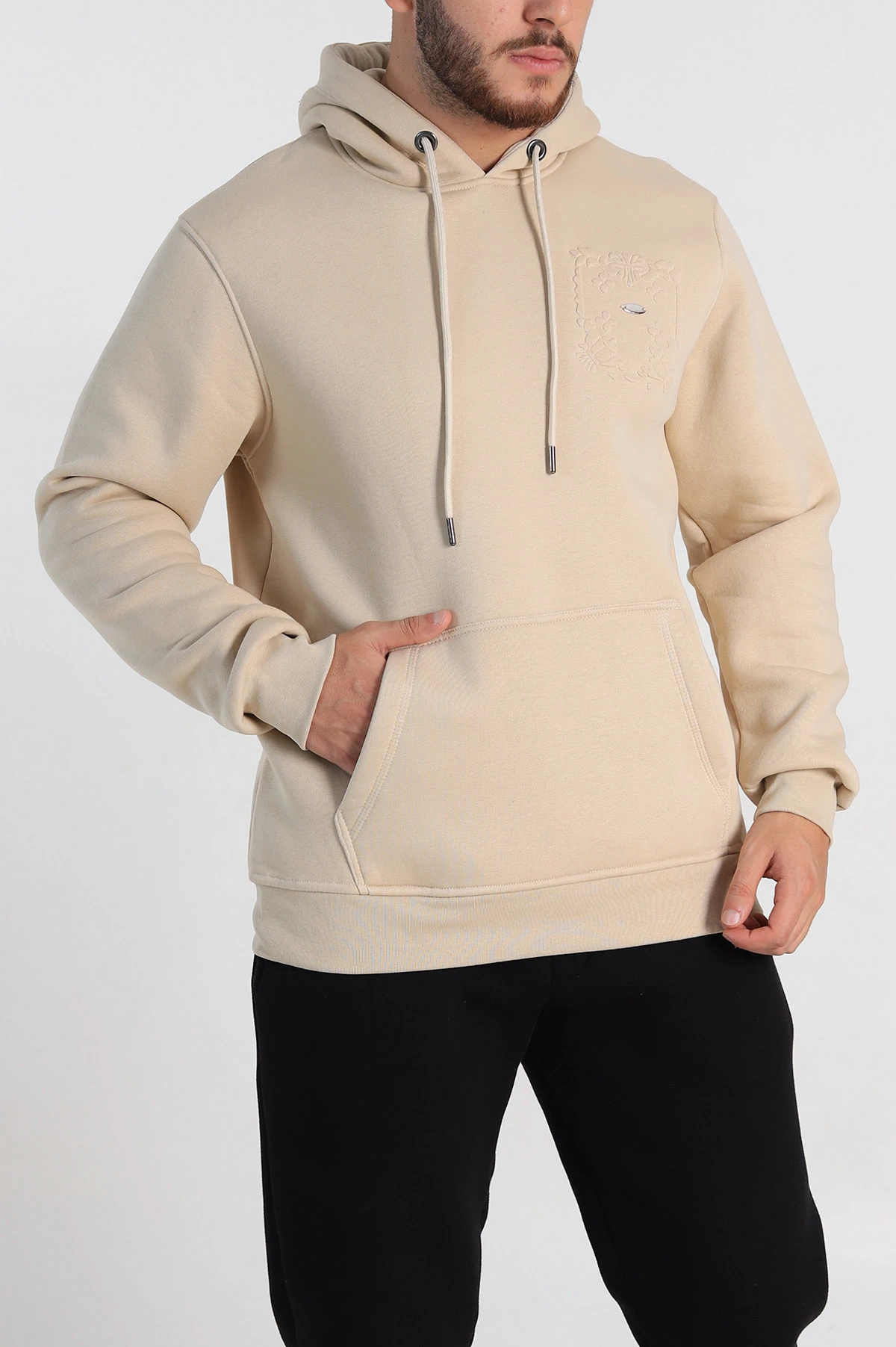 Krem Relaxed Fit Üç İp Şardonlu Kabartma Detaylı Erkek Sweatshirt 311123