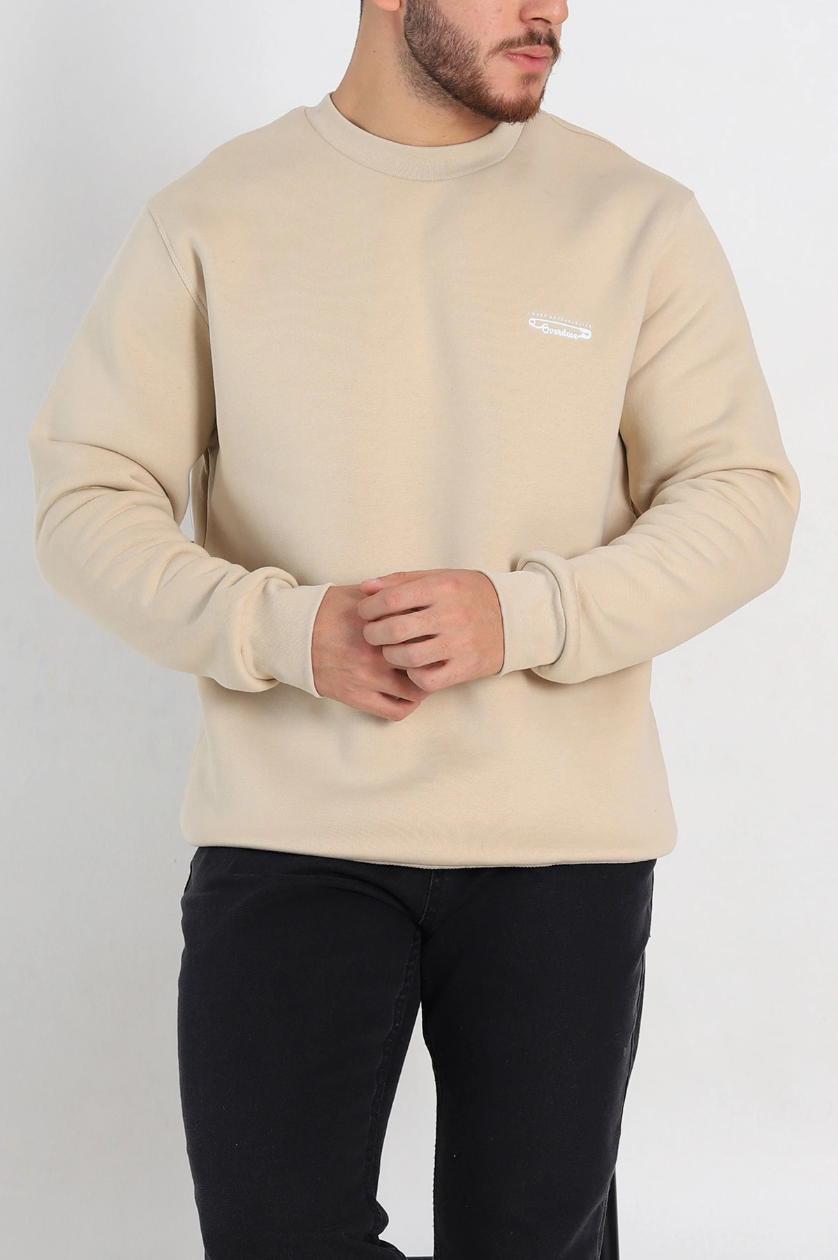 Krem Relaxed Fit Üç İp Şardonlu Kabartma Yazı Detay Erkek Sweatshirt 310405