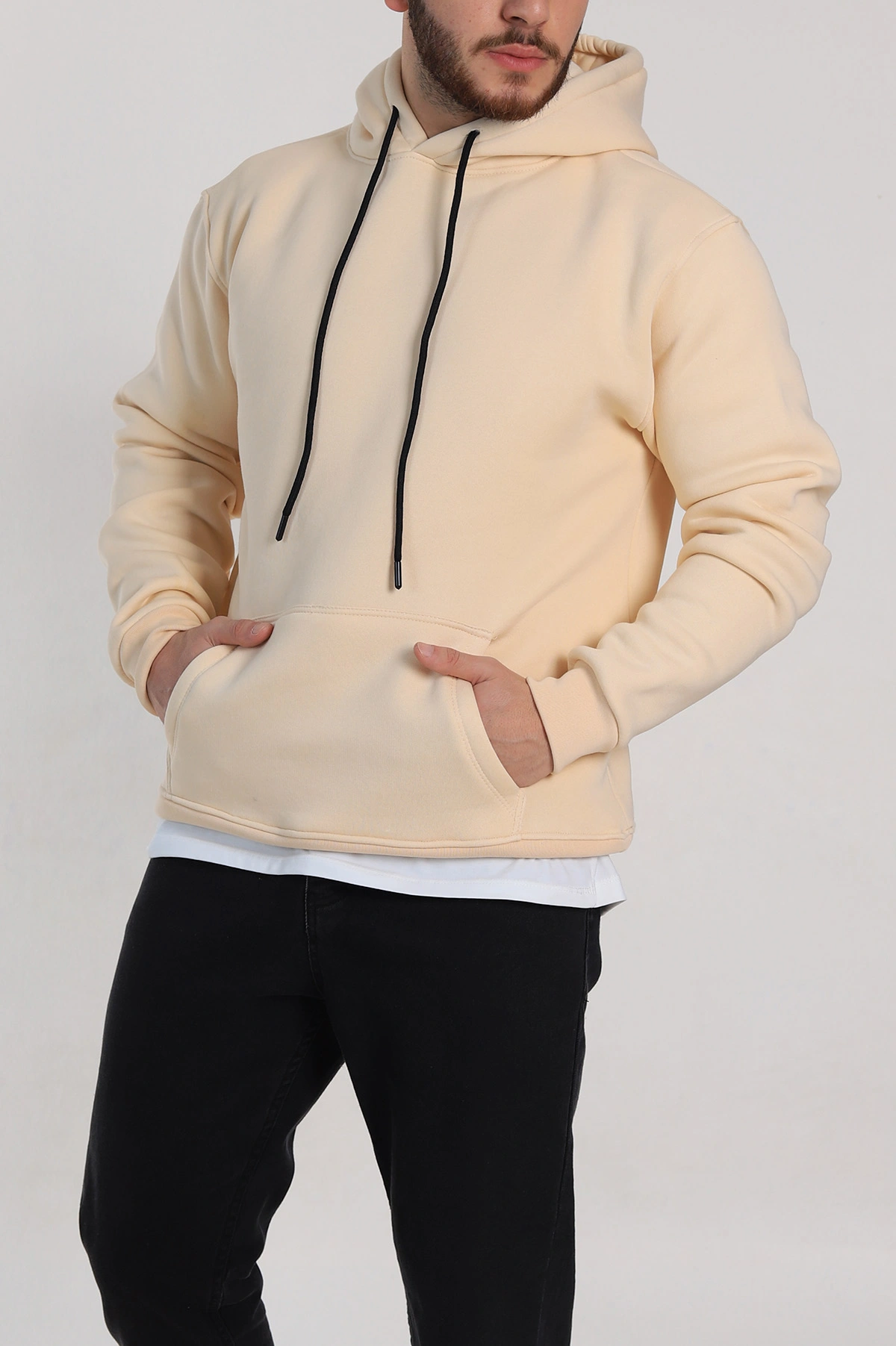 Krem Relaxed Fit Üç İp Şardonlu Kapüşonlu Basic Erkek Sweatshirt 332307