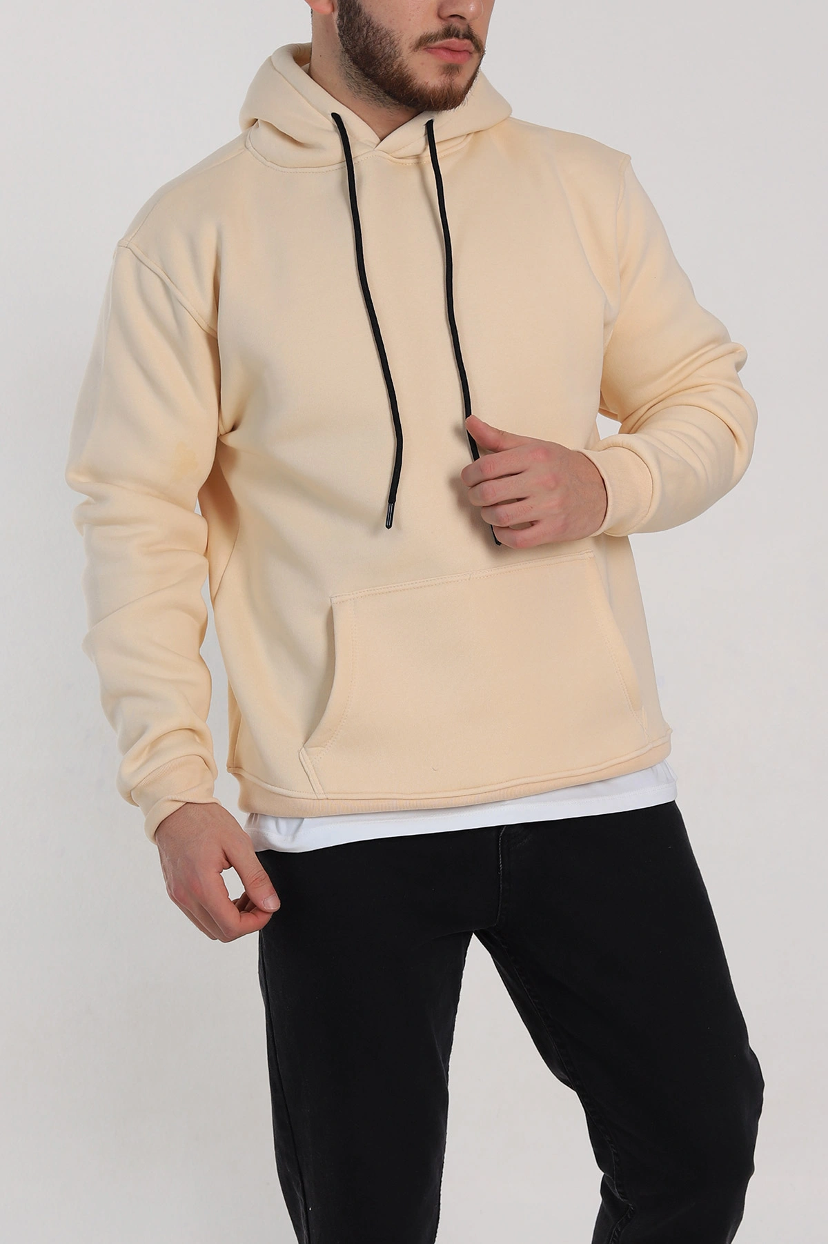 Krem Relaxed Fit Üç İp Şardonlu Kapüşonlu Basic Erkek Sweatshirt 332307